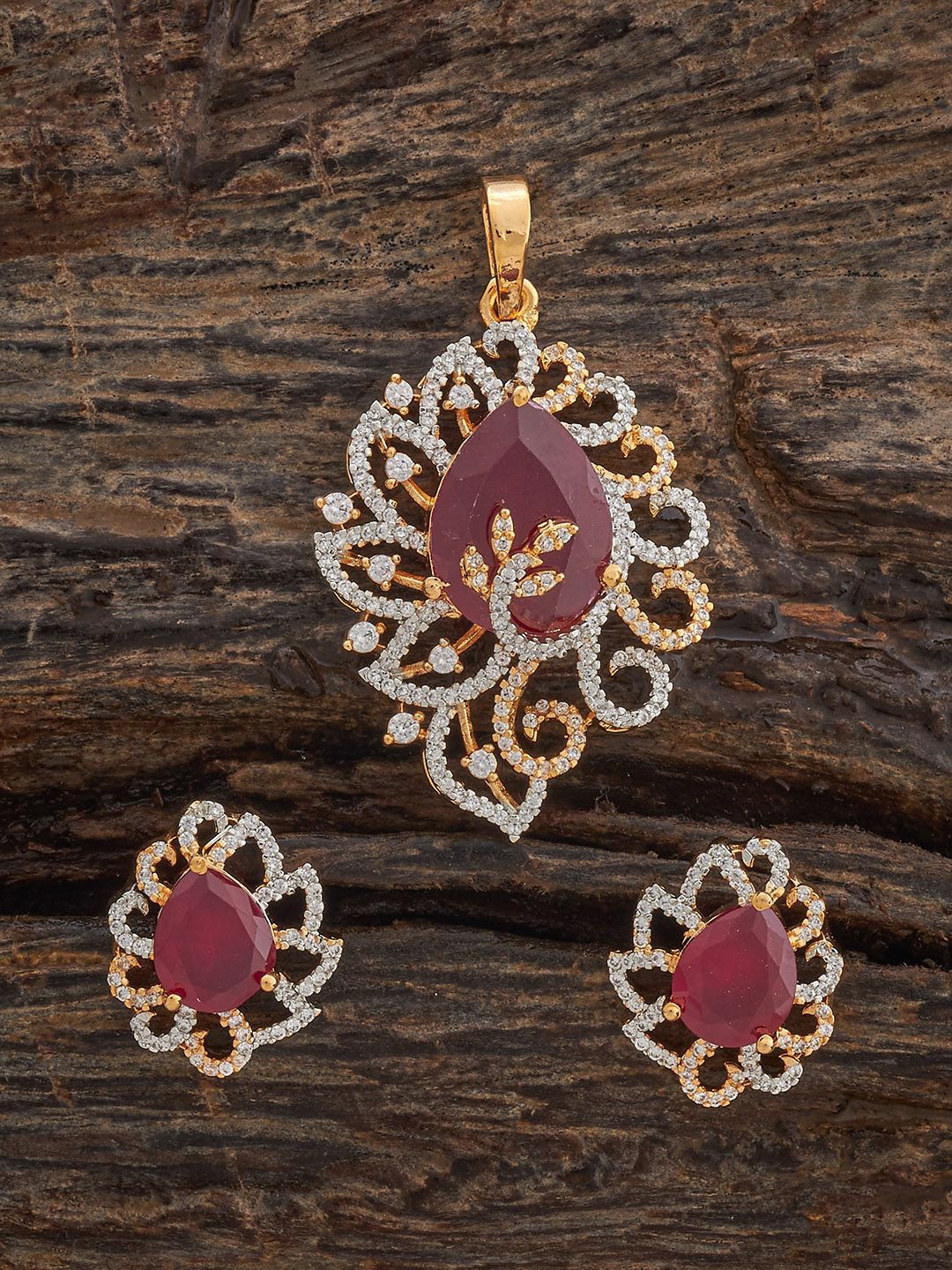 

Kushal's Fashion Jewellery Ruby Rhodium Gold-Plated Party Zircon Pendant Set