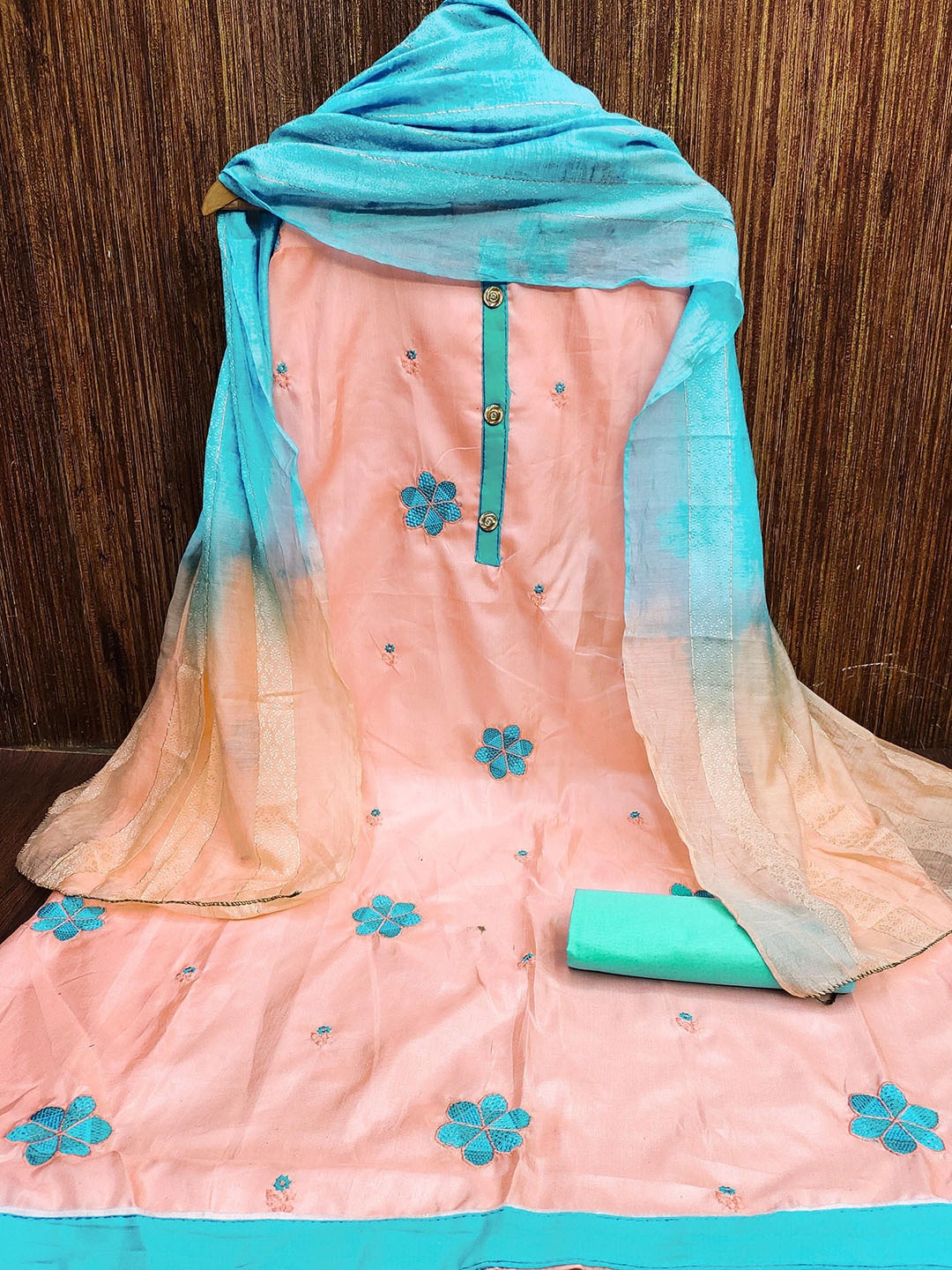

SAINOOR Floral Embroidered Unstitched Dress Material, Peach