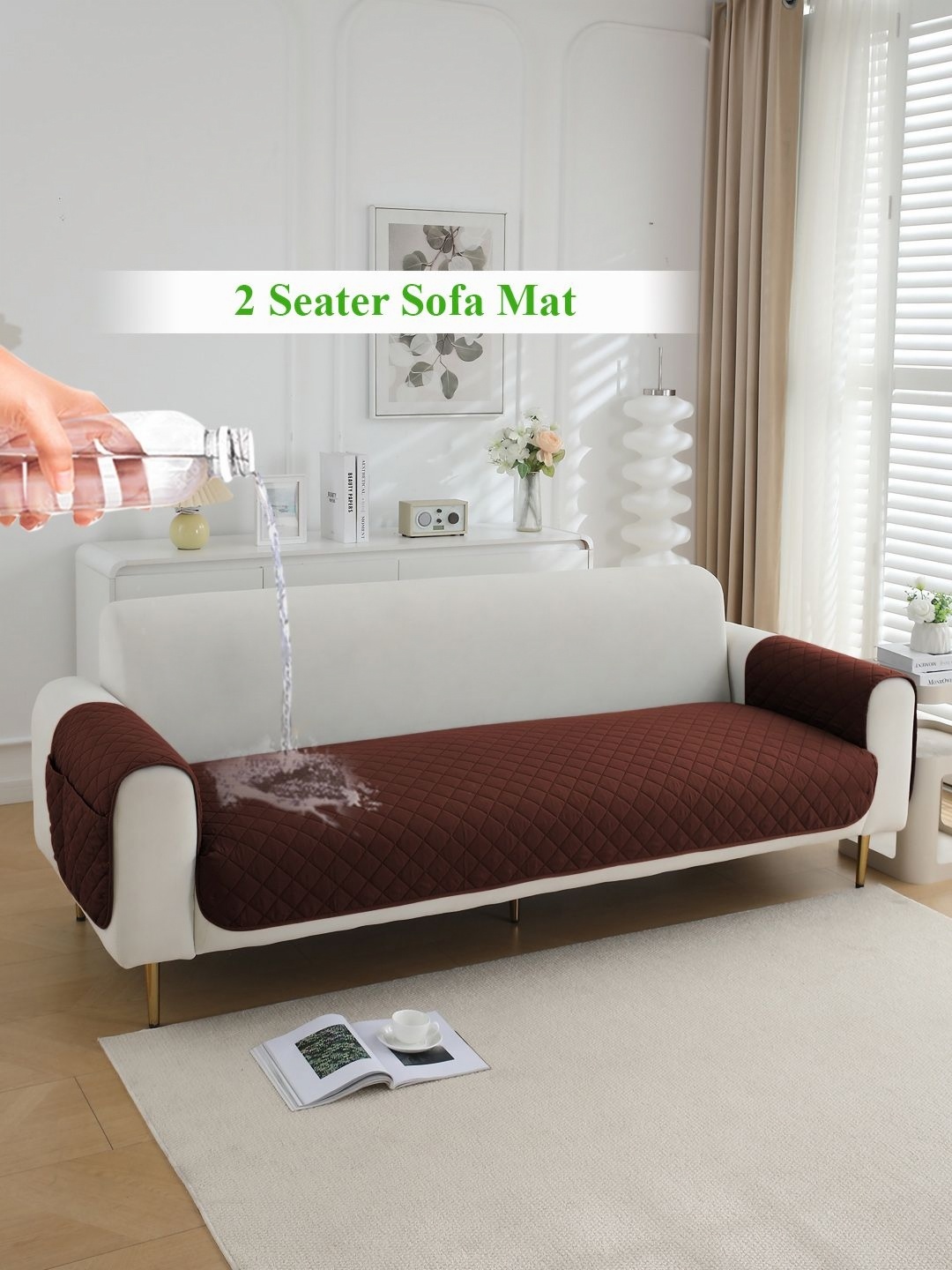 

HOKIPO Brown Quilted Waterproof 2 Seater Sofa Seat Mat & 2 Armrest Covers with Pockets
