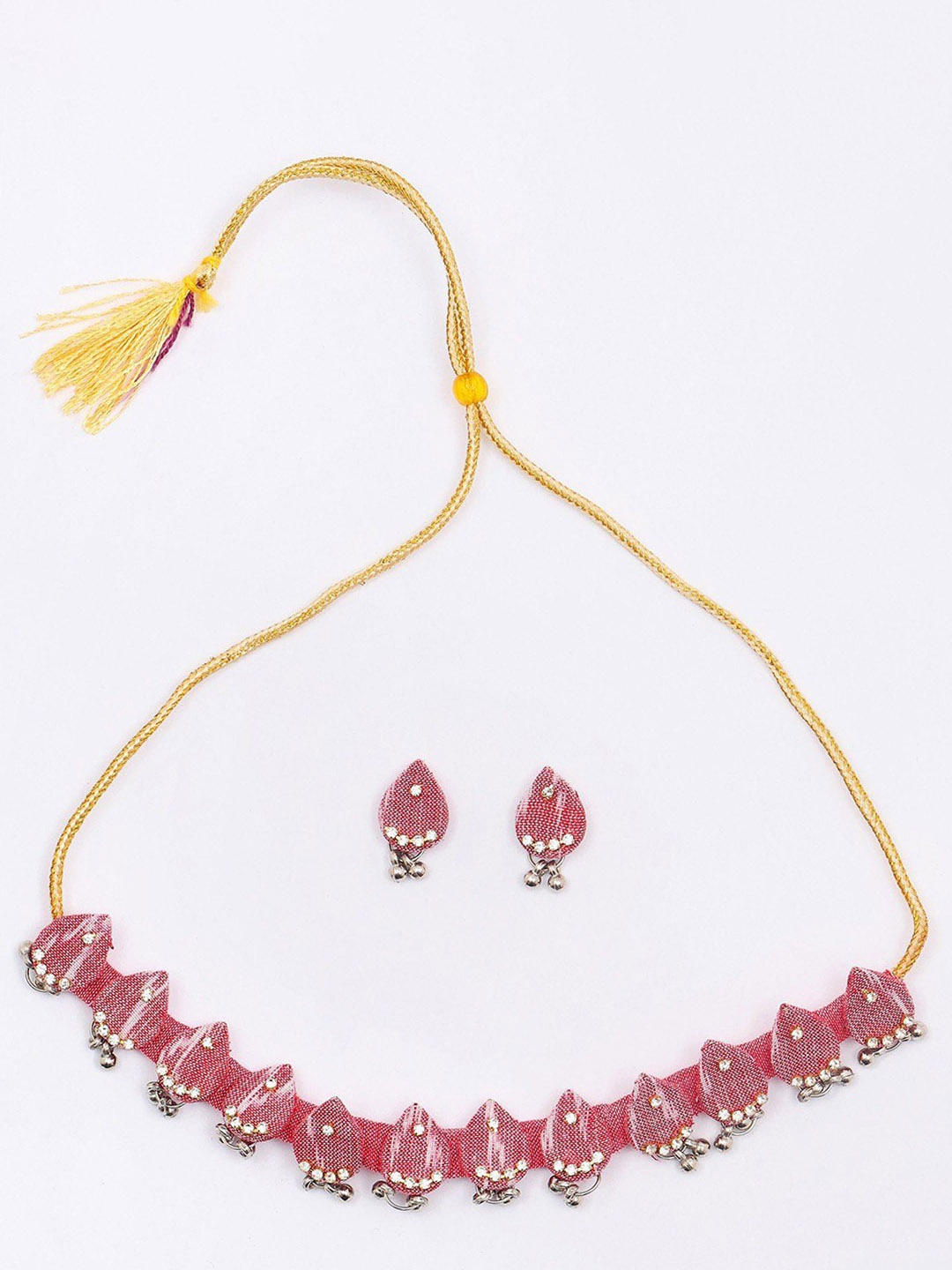

Exotic India Stone Studded Sambalpuri Fabric Choker Set with Earrings with Dangling Beads, Gold