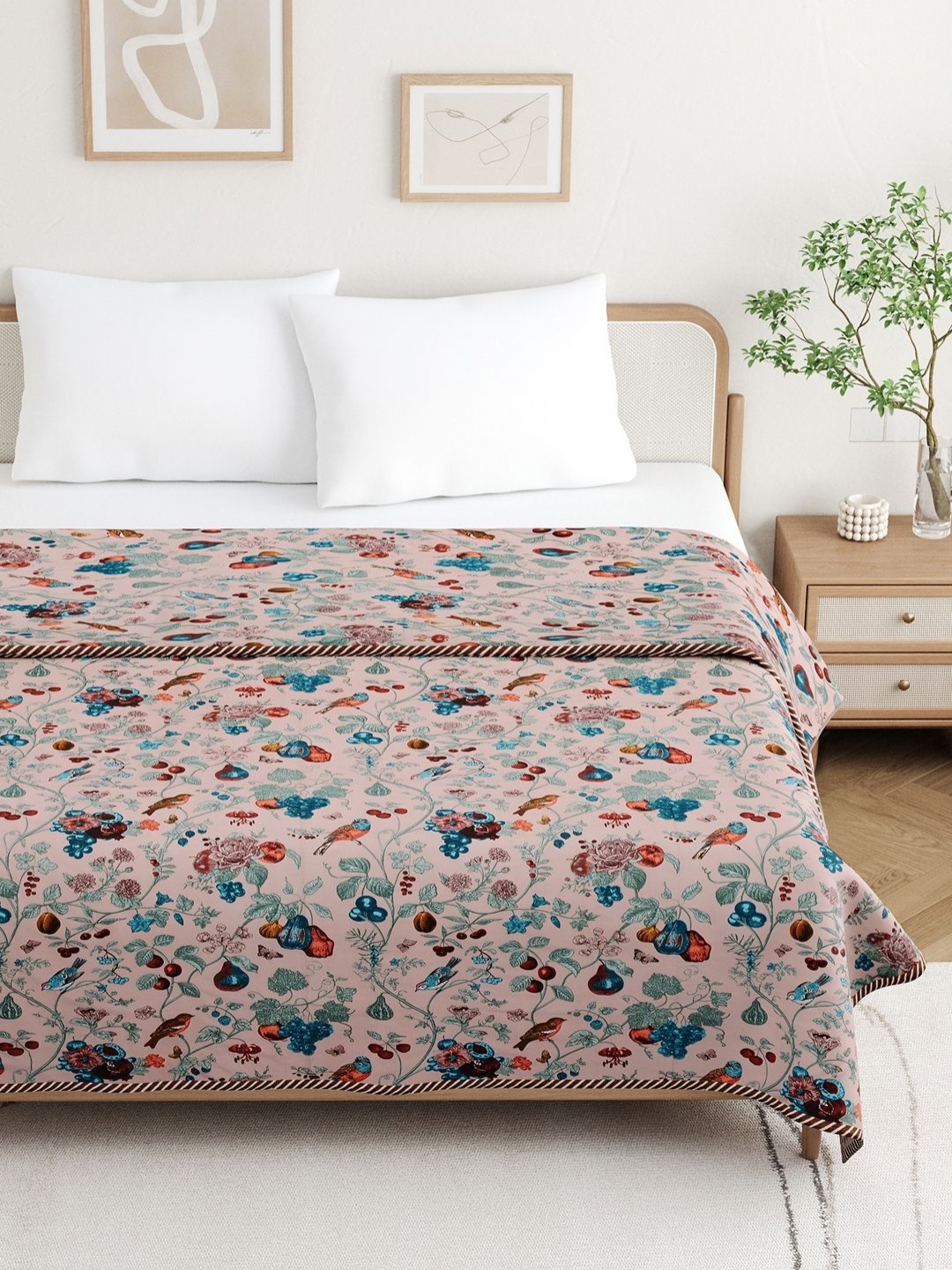 

BELLA CASA Peach & Blue Floral Printed Cotton 110 GSM AC Room Double Bed Dohar