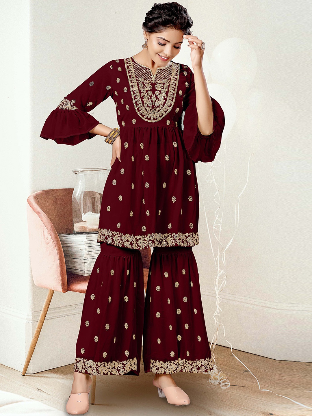 

Kurti Fabric: Georgette Sharara Fabric: Georgette Dry Clean, Maroon