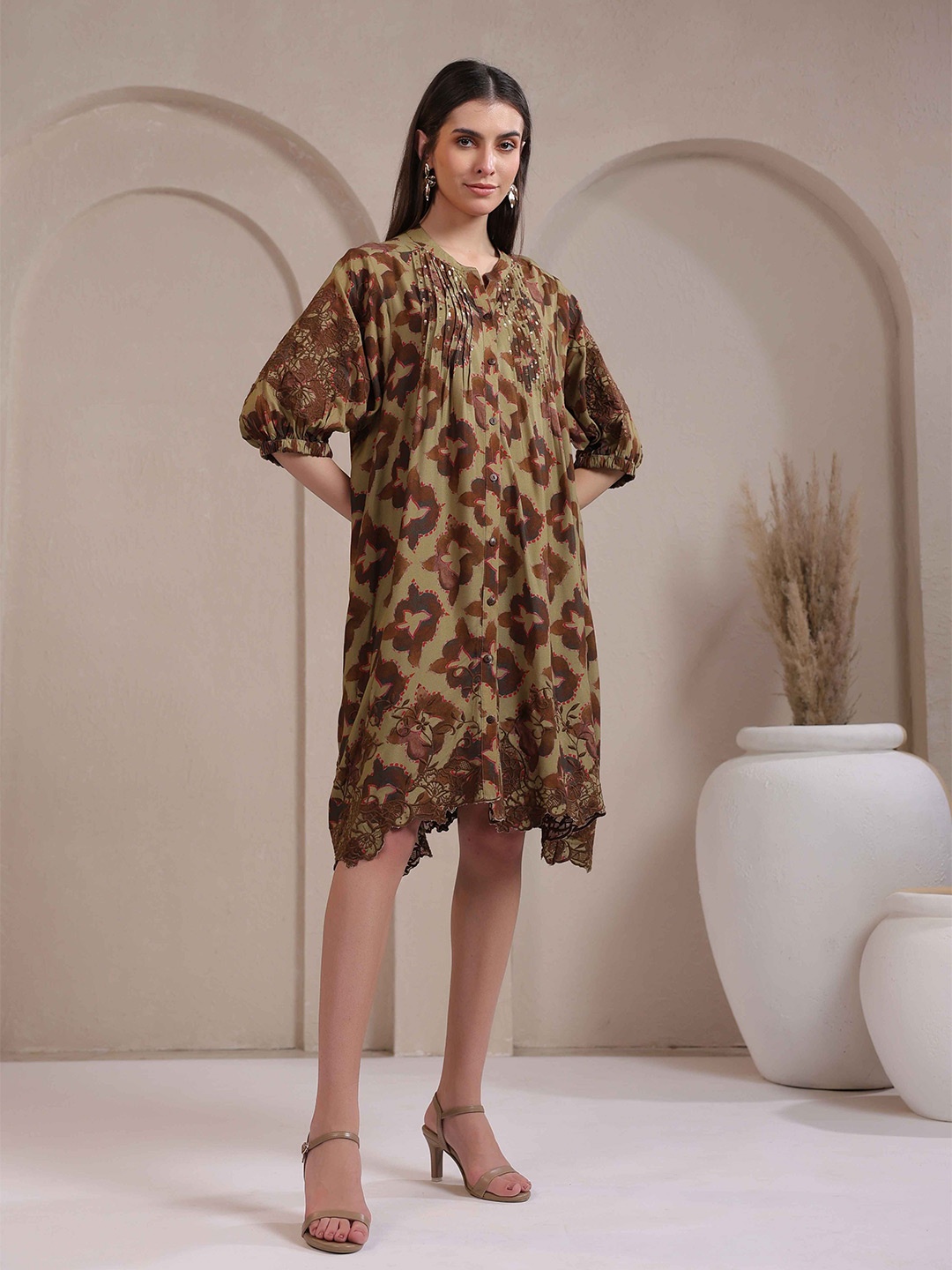 

Nyaro Women Green Embroidered & Beads Work Rayon Mini Dress