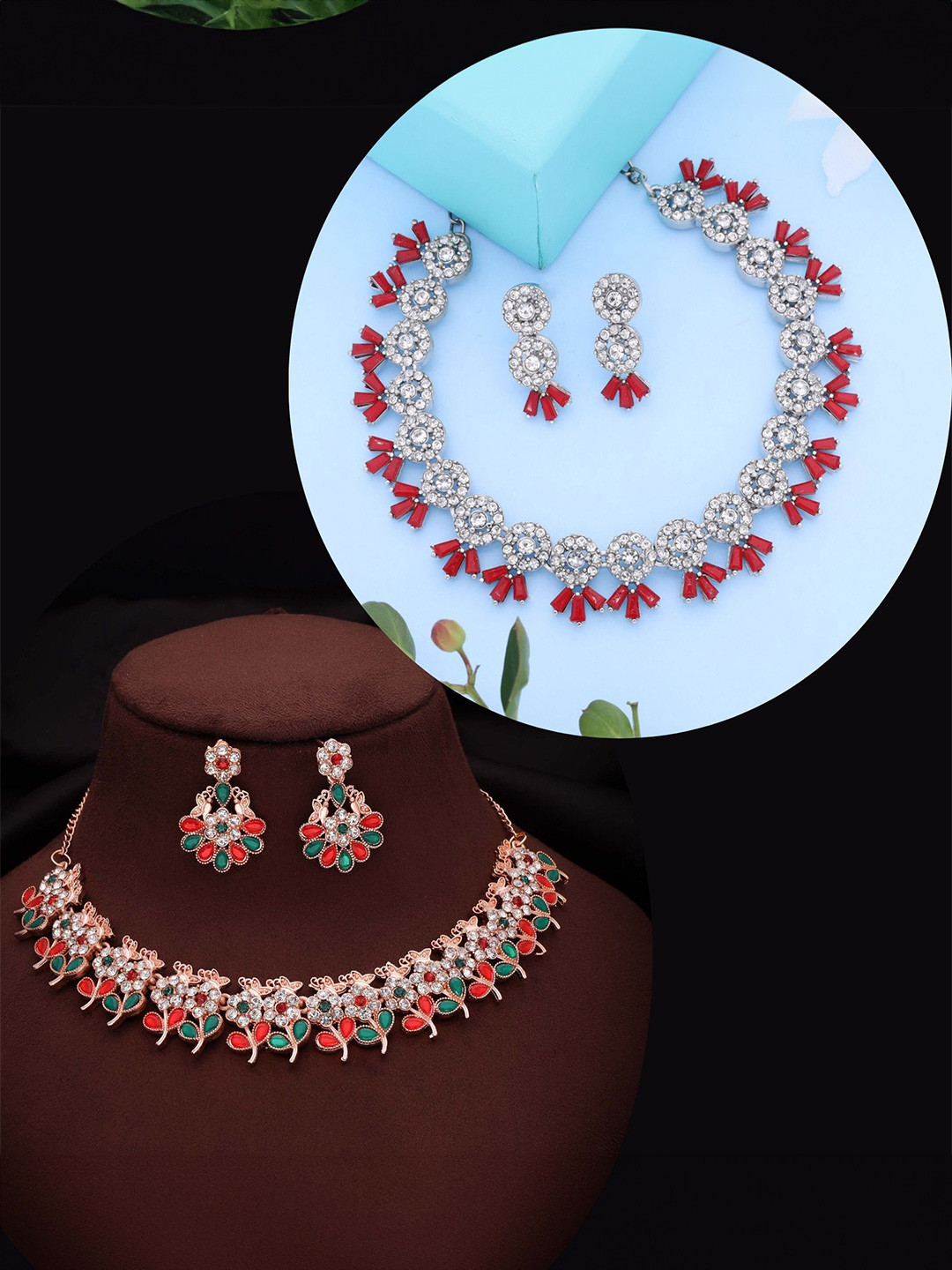 

DIVASTRI Set Of 2 Rose Gold & Silver-Plated American Diamonds Studded Jewellery Set