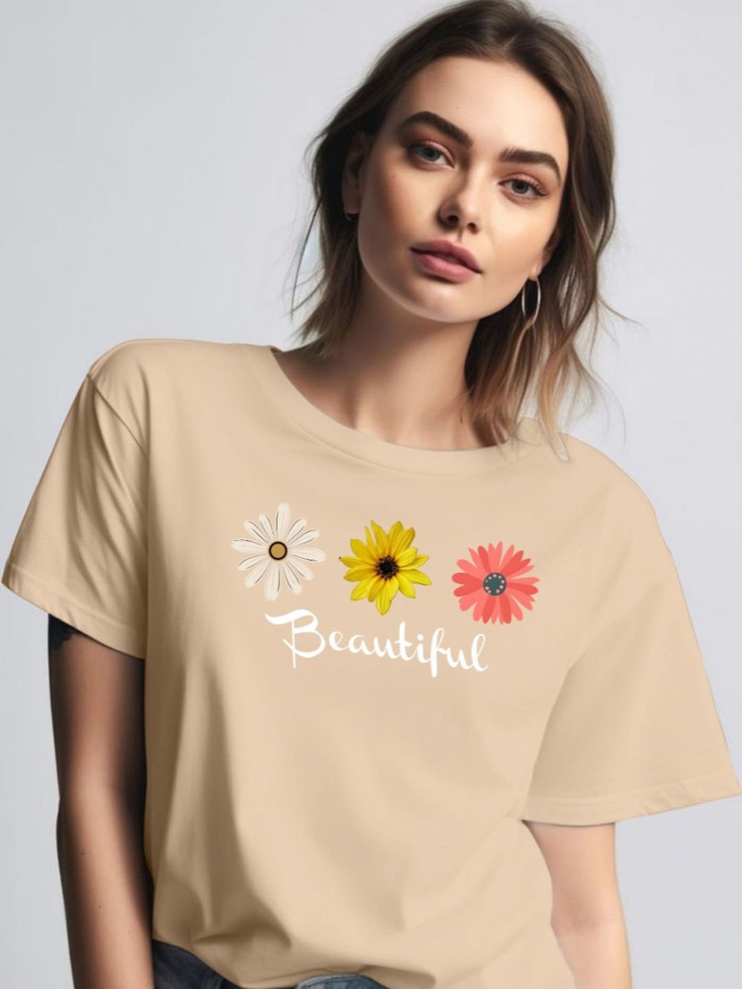 

Moda Rapido Women Printed Round Neck Tshirt, Cream