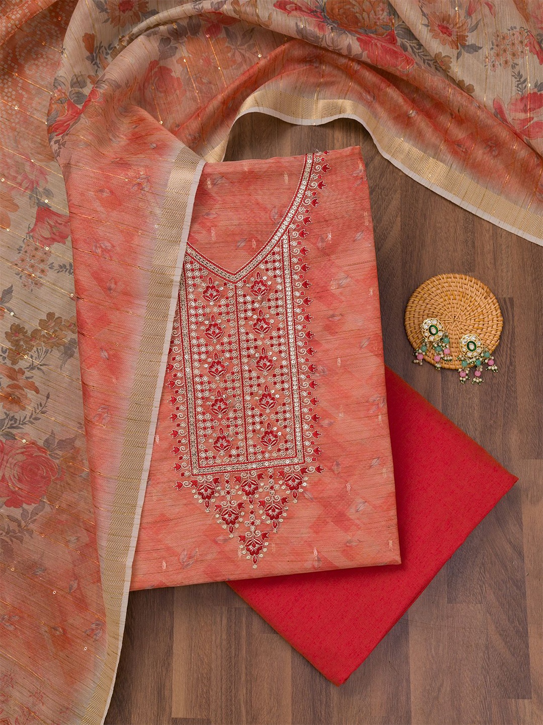 

Koskii Ethnic Motifs Embroidered Sequinned Raw Silk Unstitched Dress Material, Red