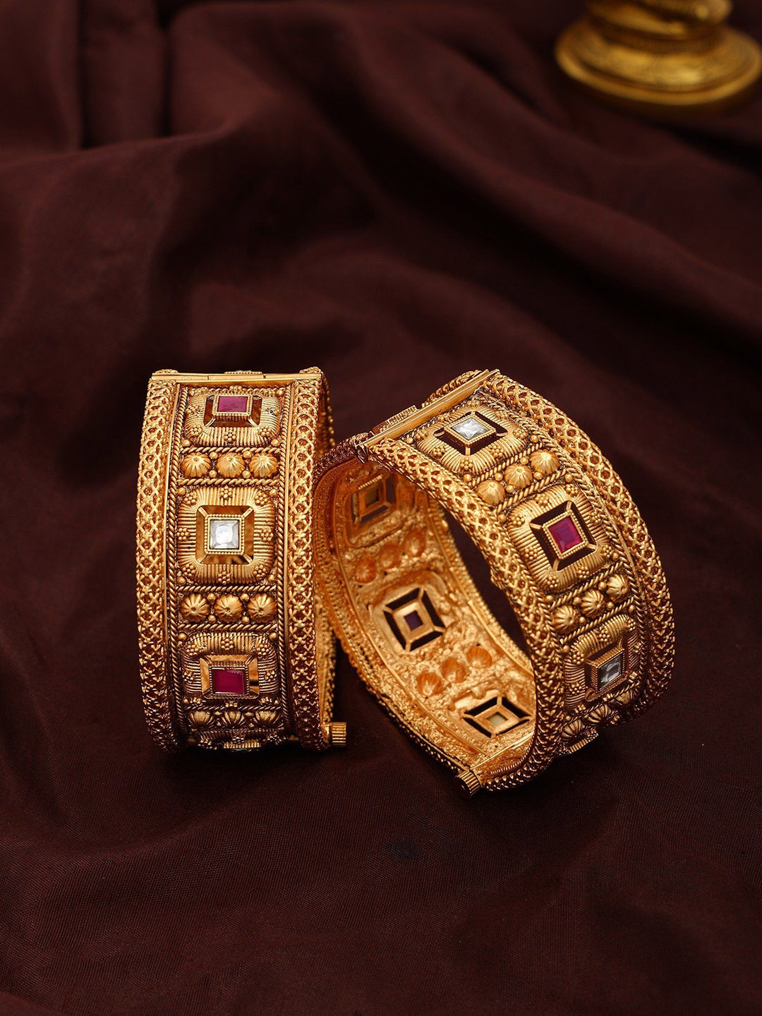 

Exotic India Set Of 2 Stone Studded Square Pattern Openable Brass Bangles, Gold