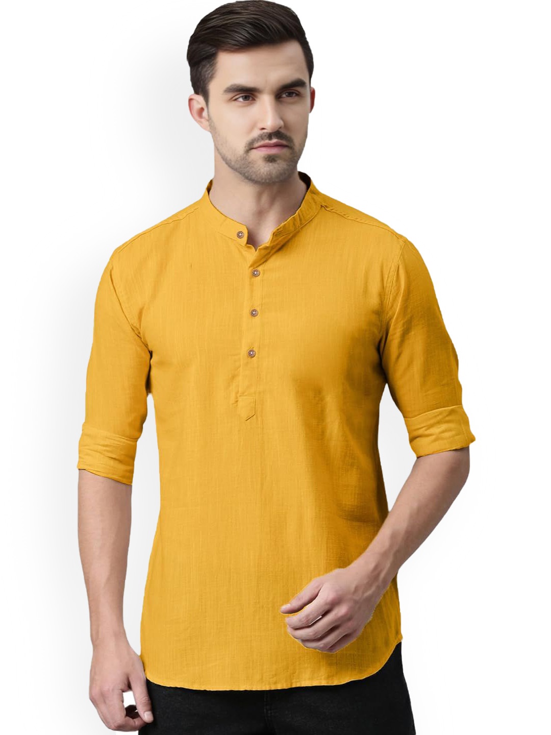 

Vida Loca Band Collar Cotton Straight Short Kurta, Yellow