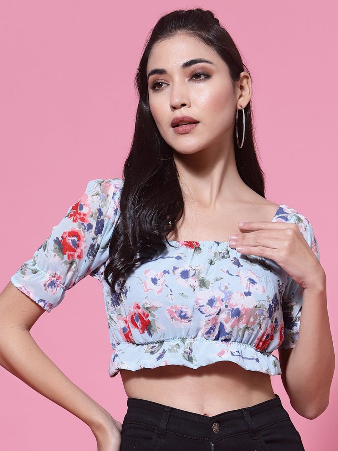 

DressBerry Women Floral Printed Square Neck Puff Sleeve Crop Empire Top, Blue