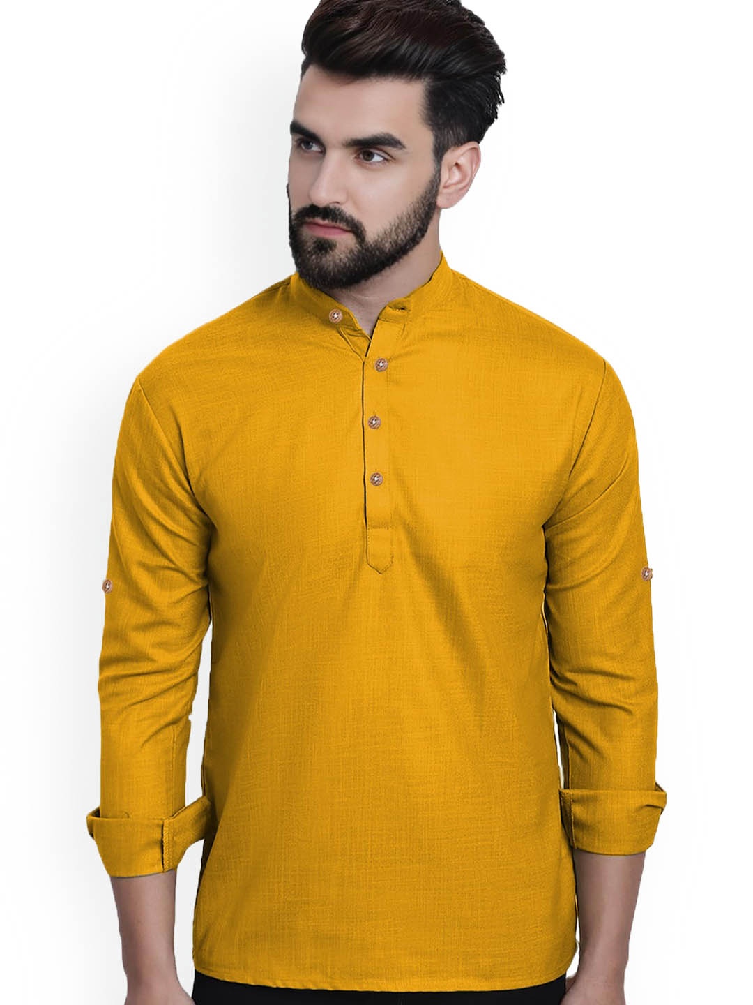 

Vida Loca Band Collar Cotton Straight Short Kurta, Yellow
