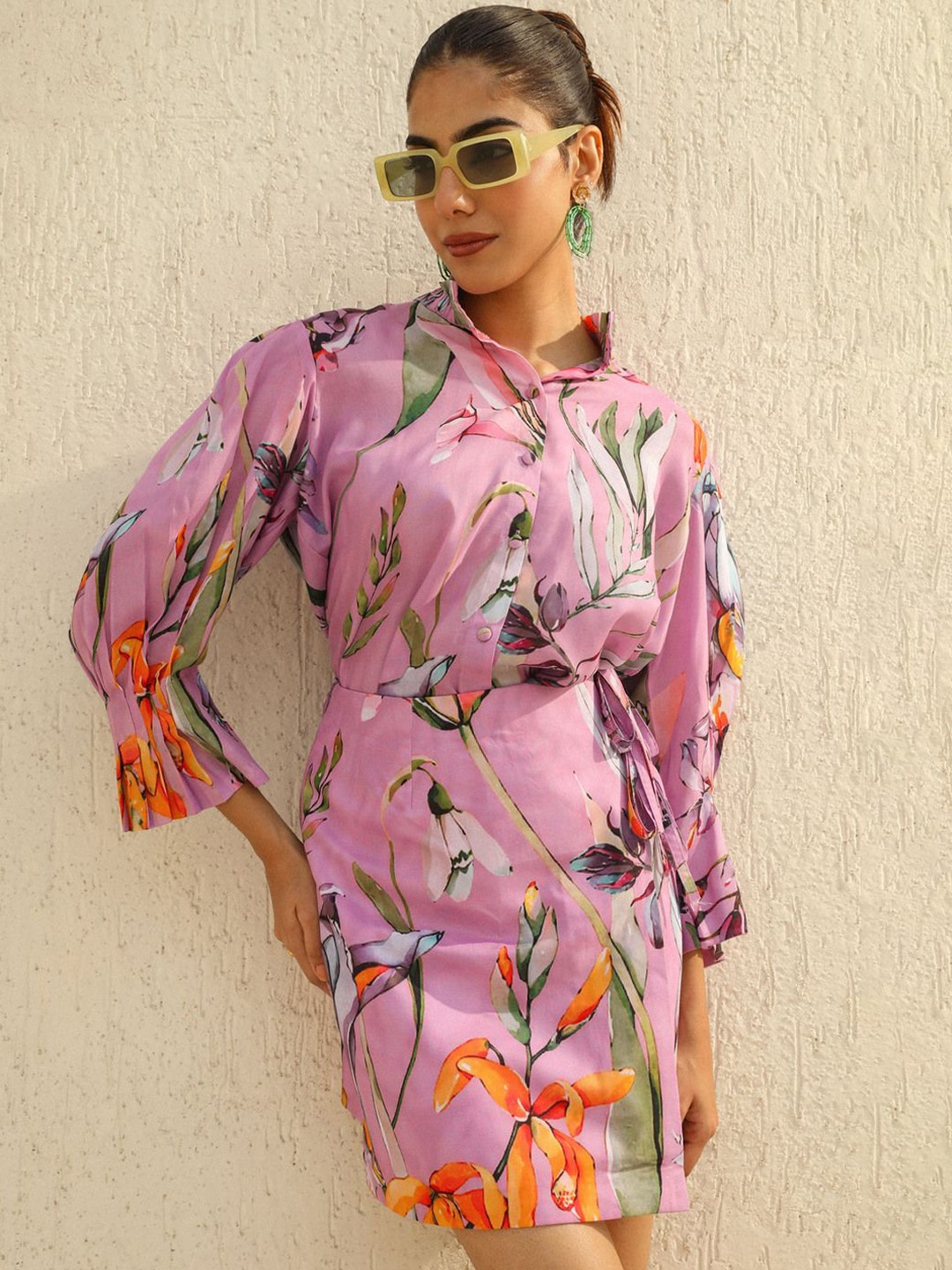 

YA-SA Elm Floral Printed Shirt Collar Shirt With Shorts, Purple