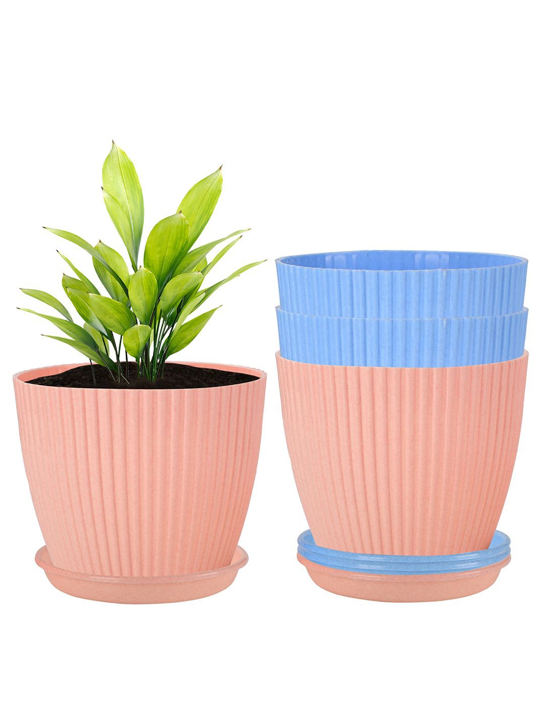 

Kuber Industries Peach Colored & Blue 4 Pieces Textured Durable Planters With Tray