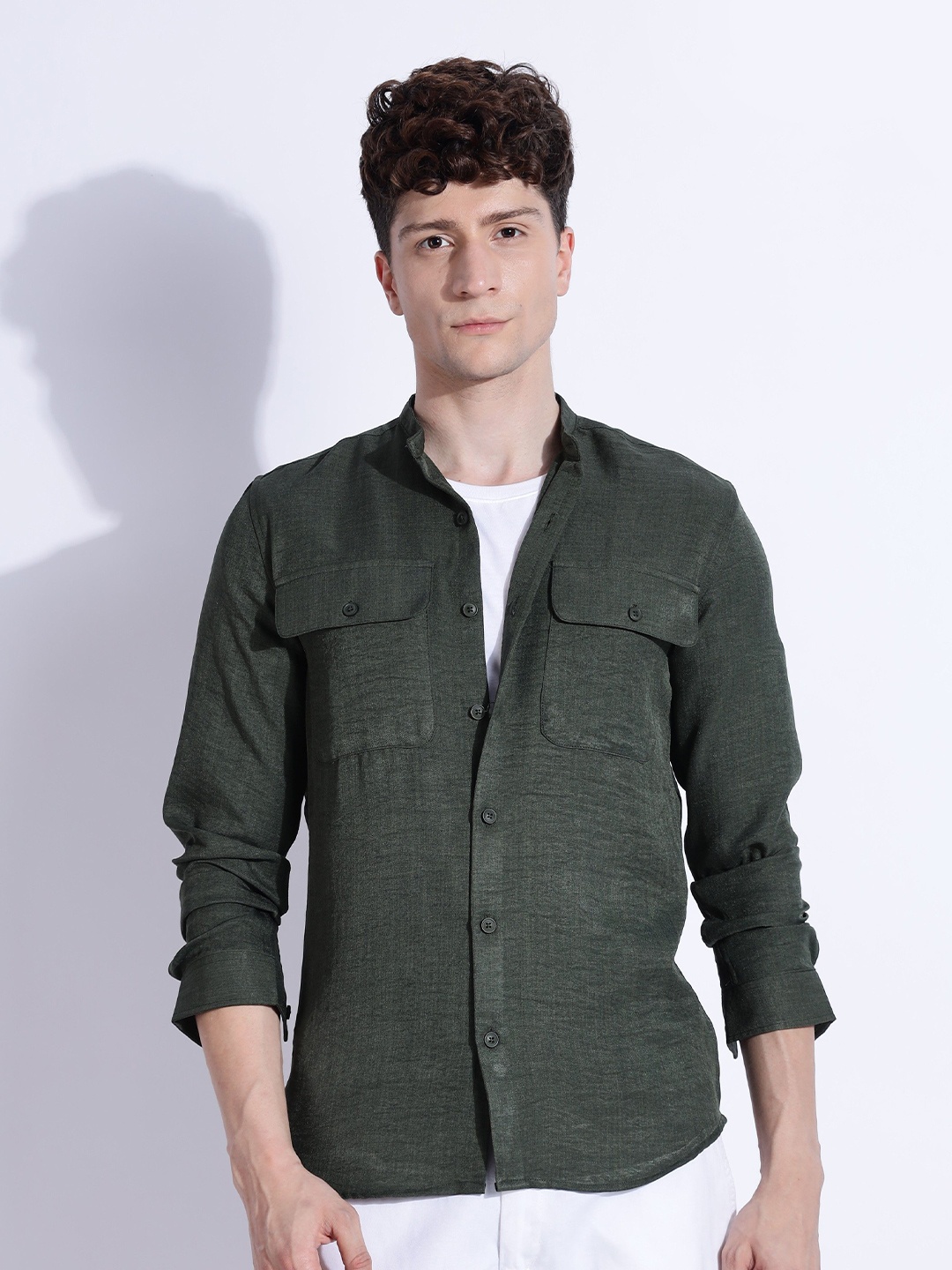 

NEVER NEUD Men Air Linen DP Like Regular Slim Fit Casual Shirt, Olive