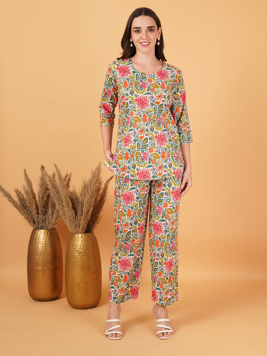 

GUDWEARS Floral Printed Notch Neck Pure Cotton Top With Trousers, Pink
