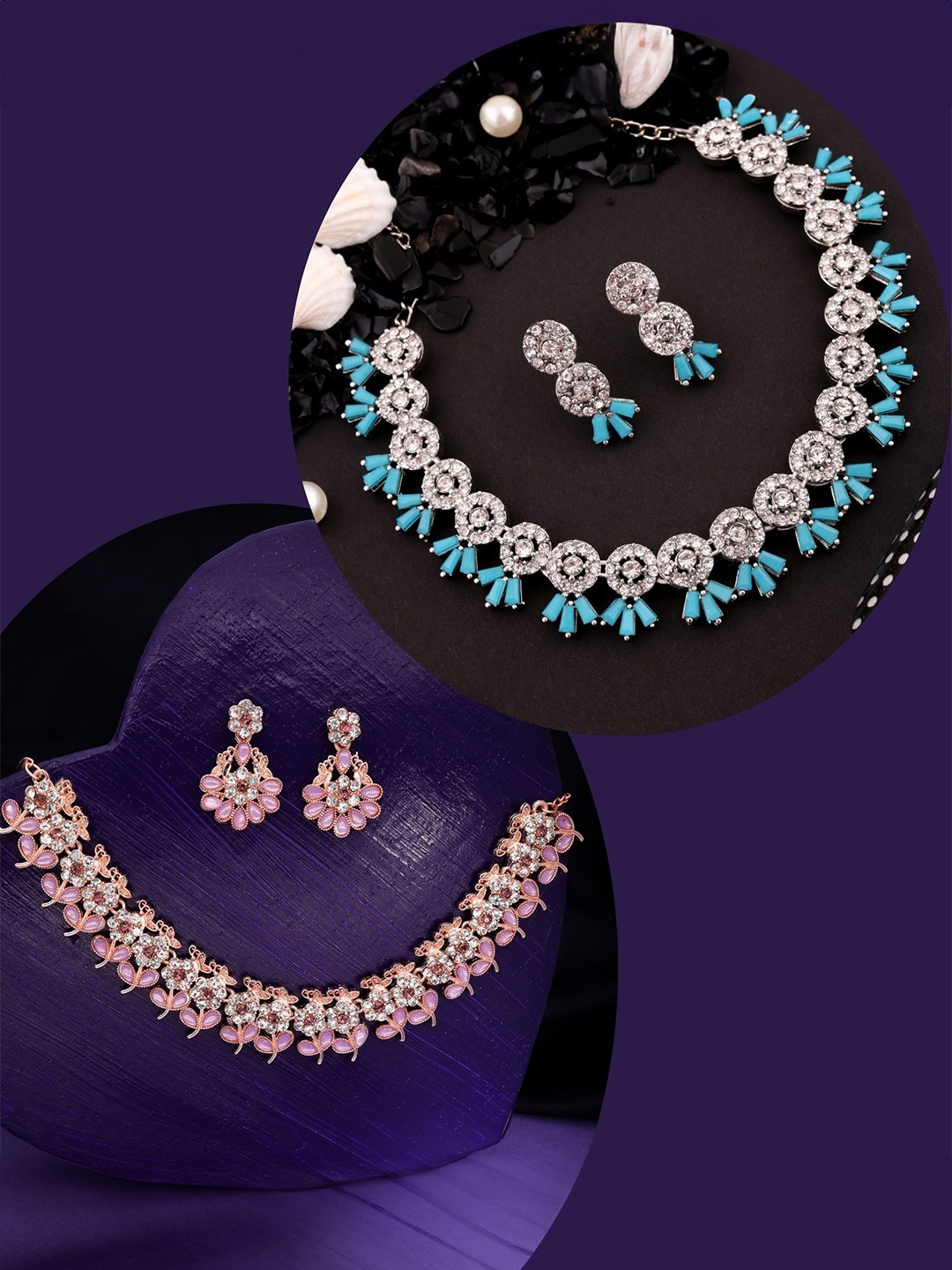 

DIVASTRI Set Of 2 Rose Gold & Silver-Plated American Diamonds Studded Jewellery Set