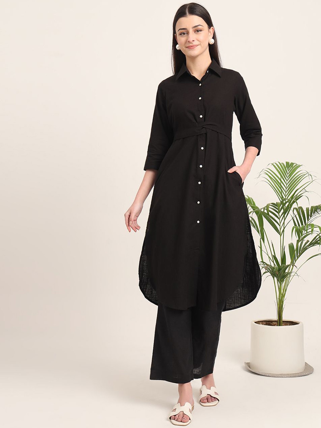 

Thevasa Women Shirt Collar Cotton Belted Pathani Kurta, Black