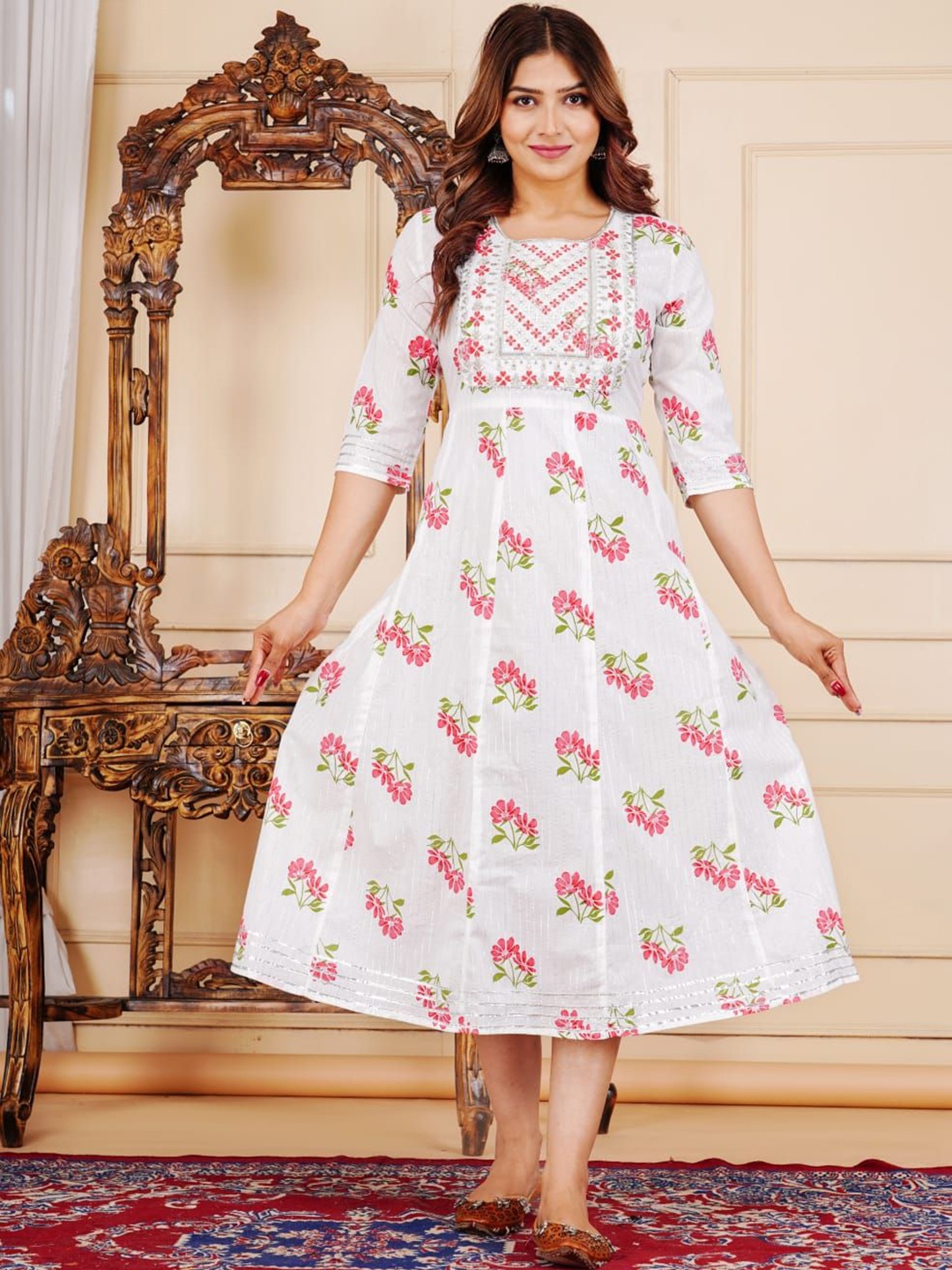 

Divsy Fashion Floral Printed Round Neck Thread Work Cotton Fit & Flare Ethnic Dress, White