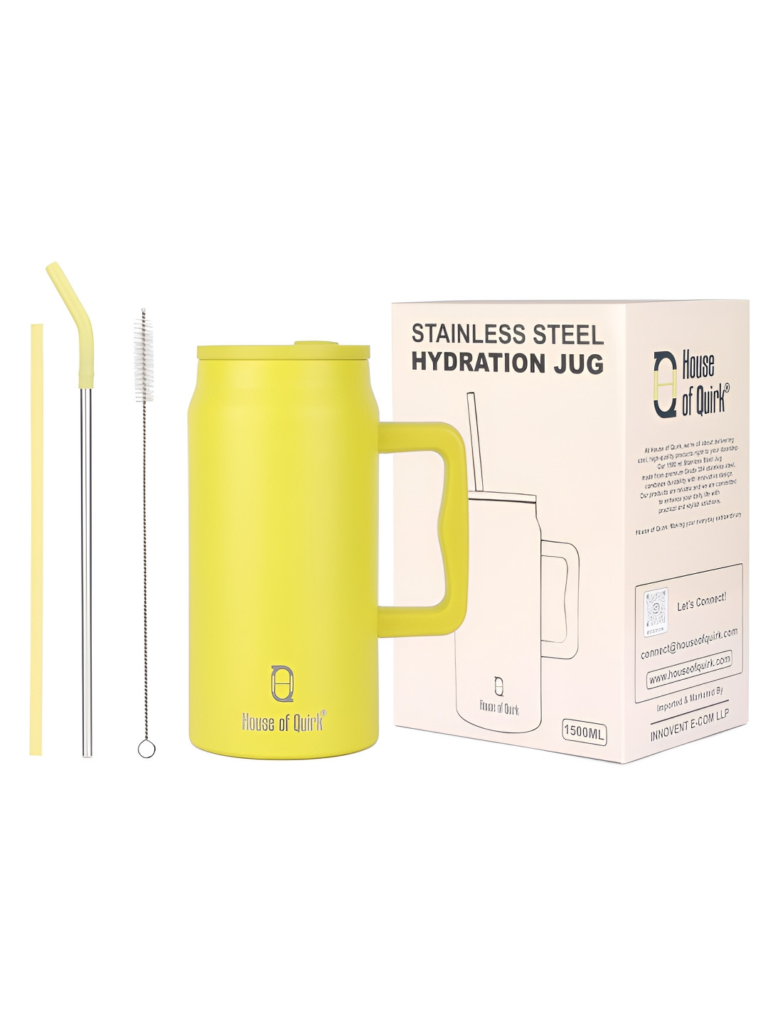 

HOUSE OF QUIRK Lime Green Stainless Steel Mug Tumbler With Handle & 2 Straw Lid 1500ml