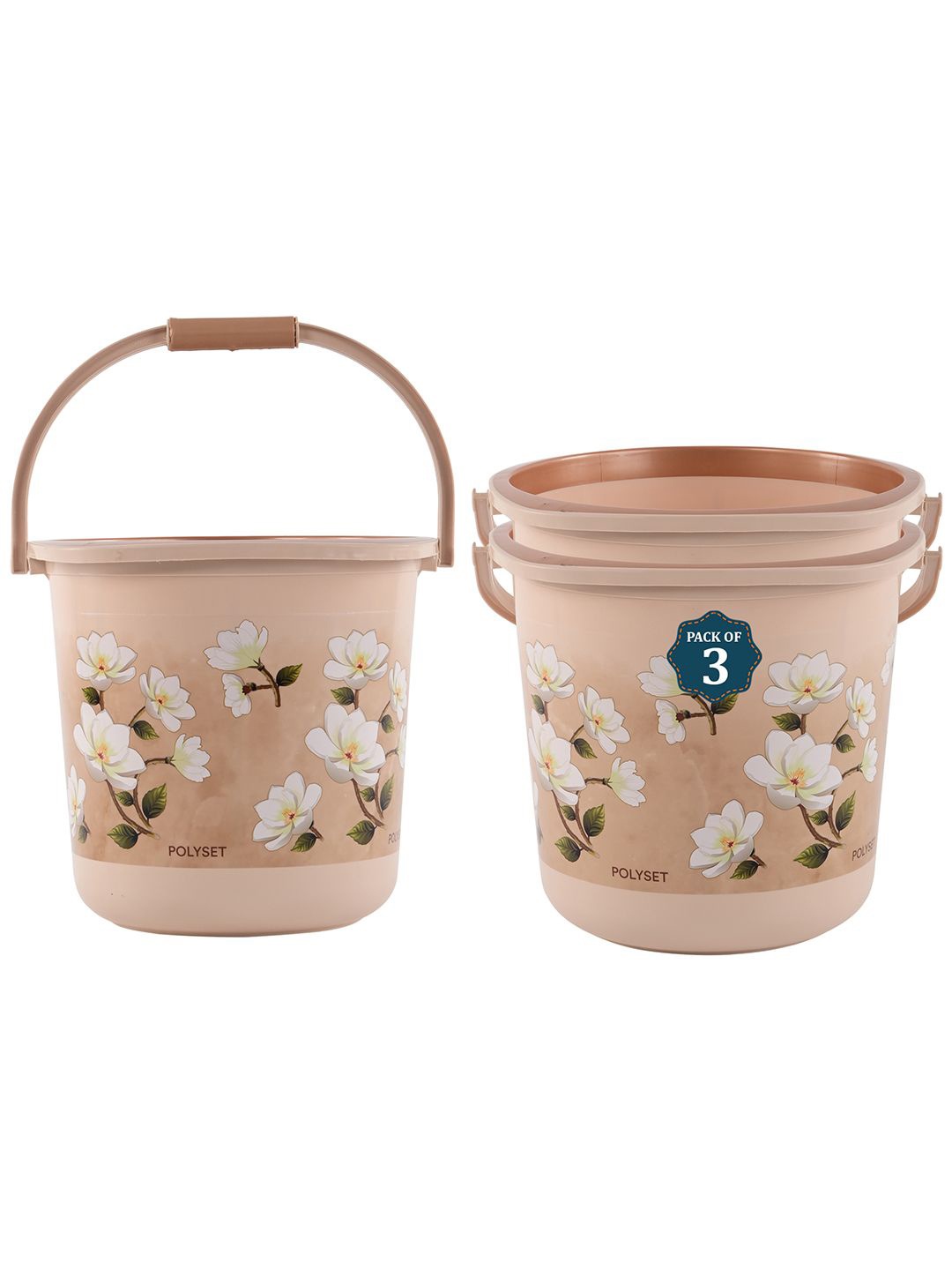 

Kuber Industries Brown & White 3 Pieces Floral Printed Bucket 18L