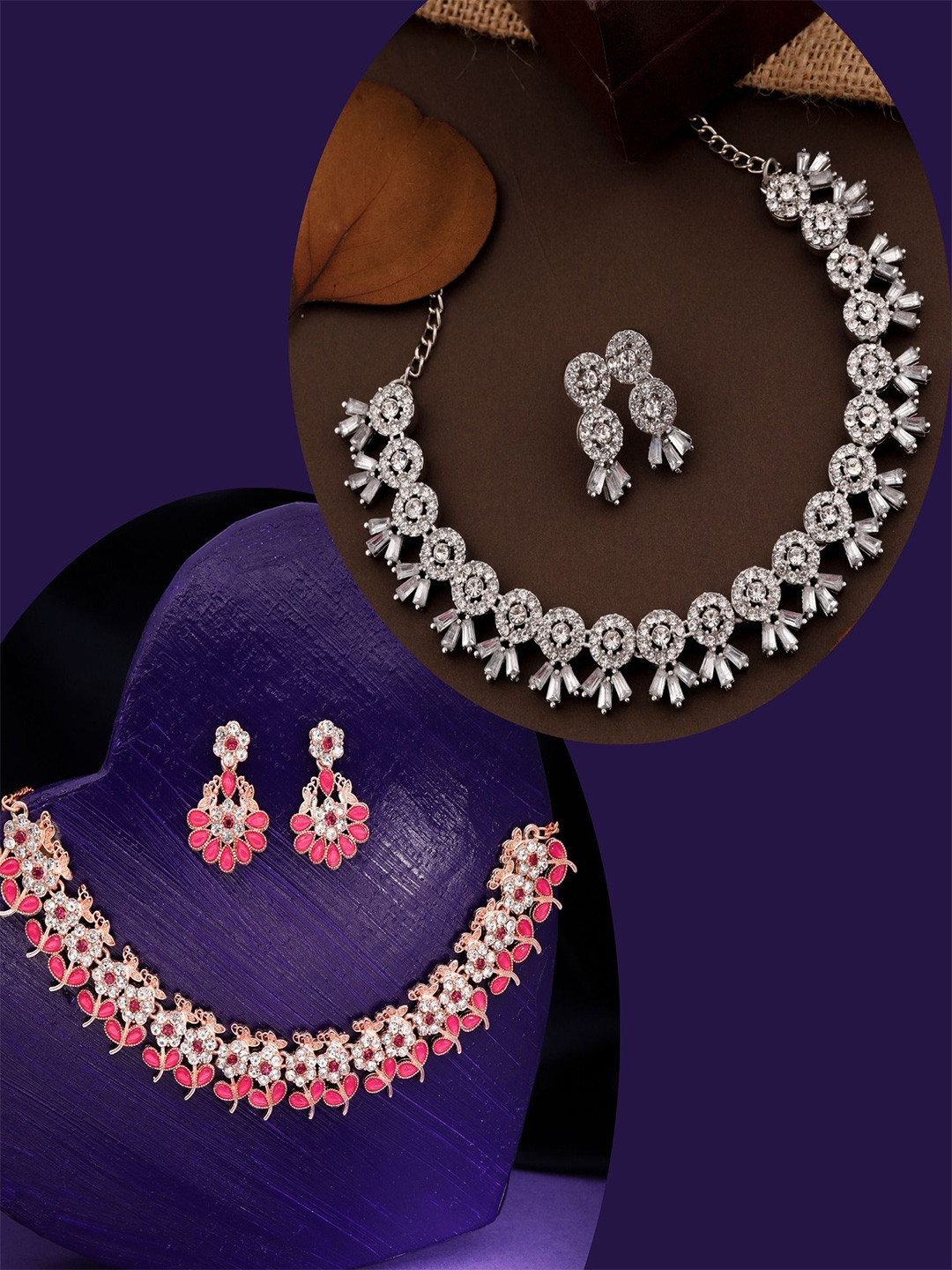 

DIVASTRI Set Of 2 Rose Gold & Silver-Plated American Diamonds Studded Jewellery Set
