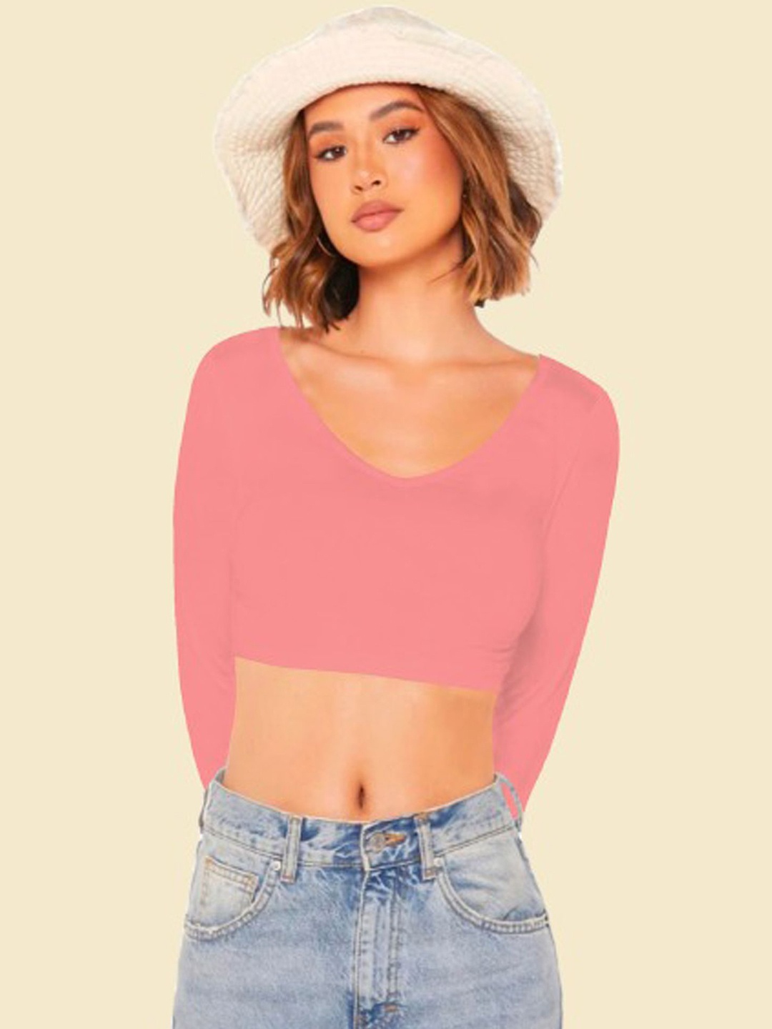 

Dream Beauty Fashion Women Solid V-Neck Long Sleeves Crop Fitted Top, Pink