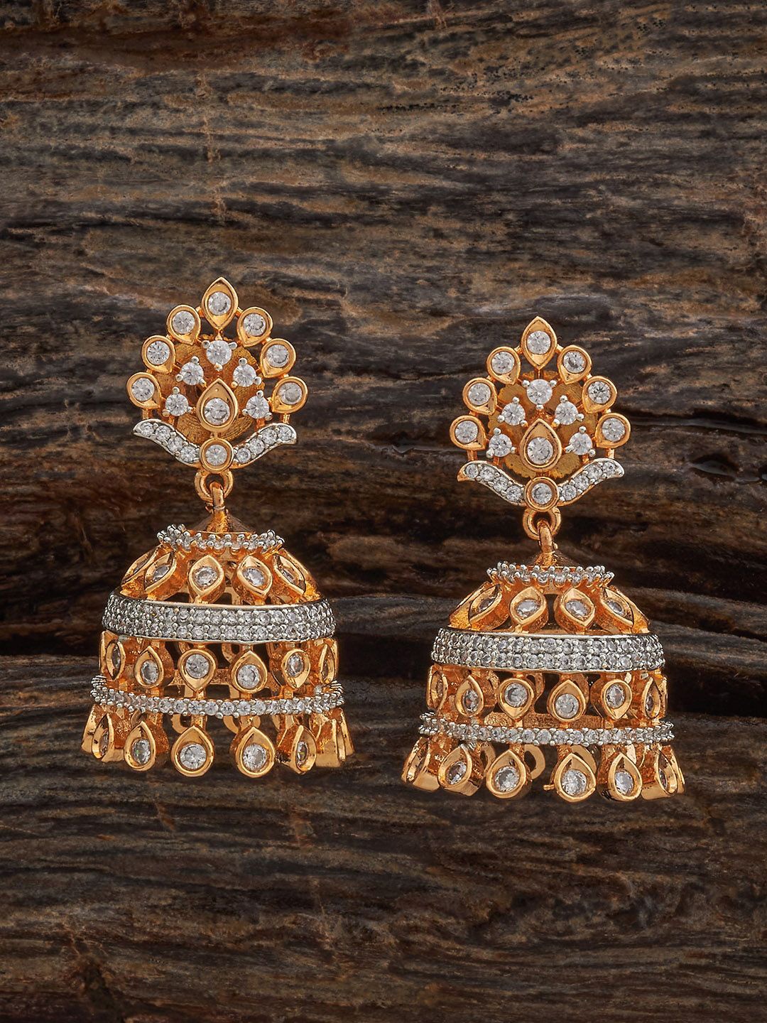 

Kushal's Fashion Jewellery Rodium-Plated Dome Shaped Zircon Jhumkas, Gold
