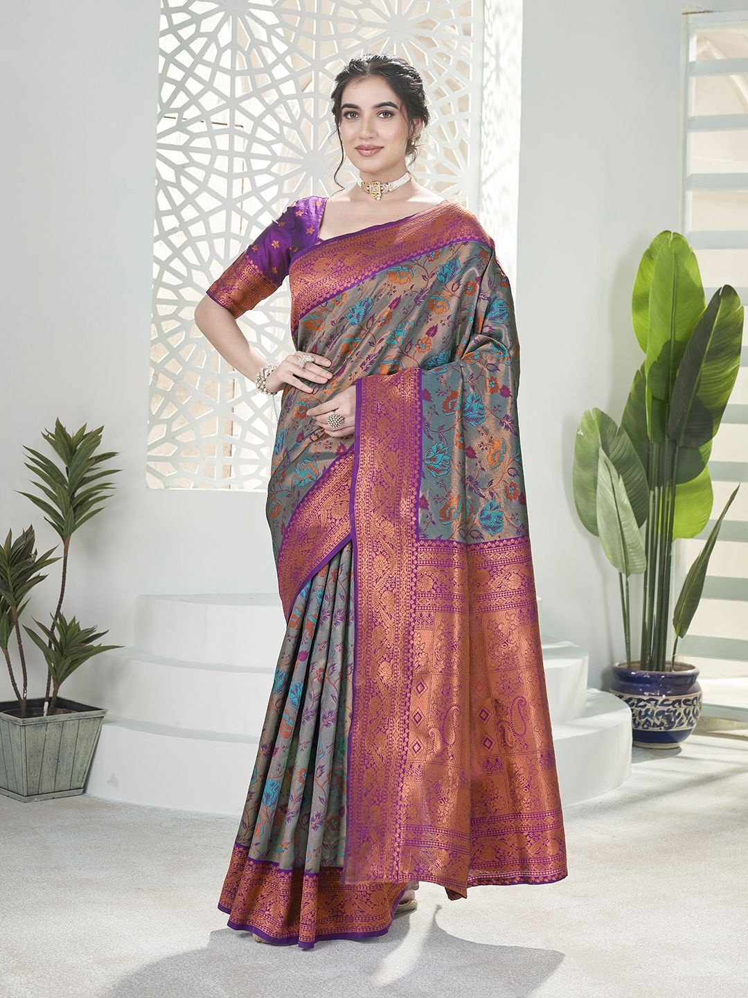 

Sangria Woven Design Banarasi Saree With Blouse Piece, Blue
