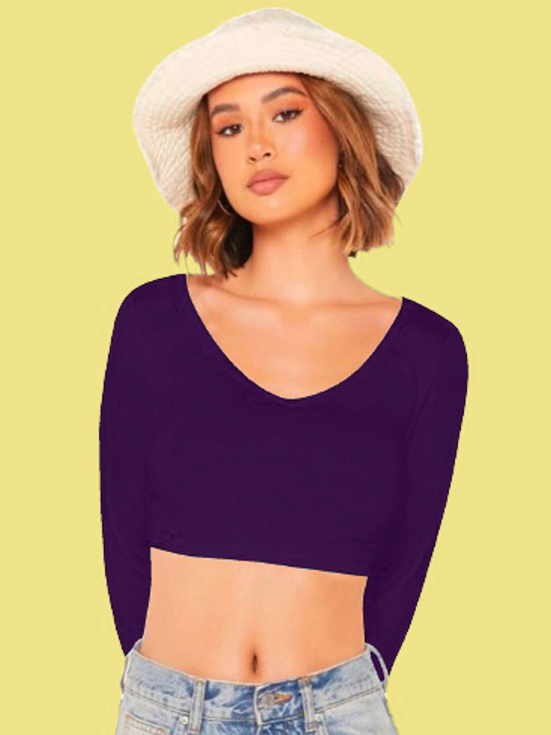 

Dream Beauty Fashion Women V-Neck Long Sleeves Crop Fitted Top, Purple