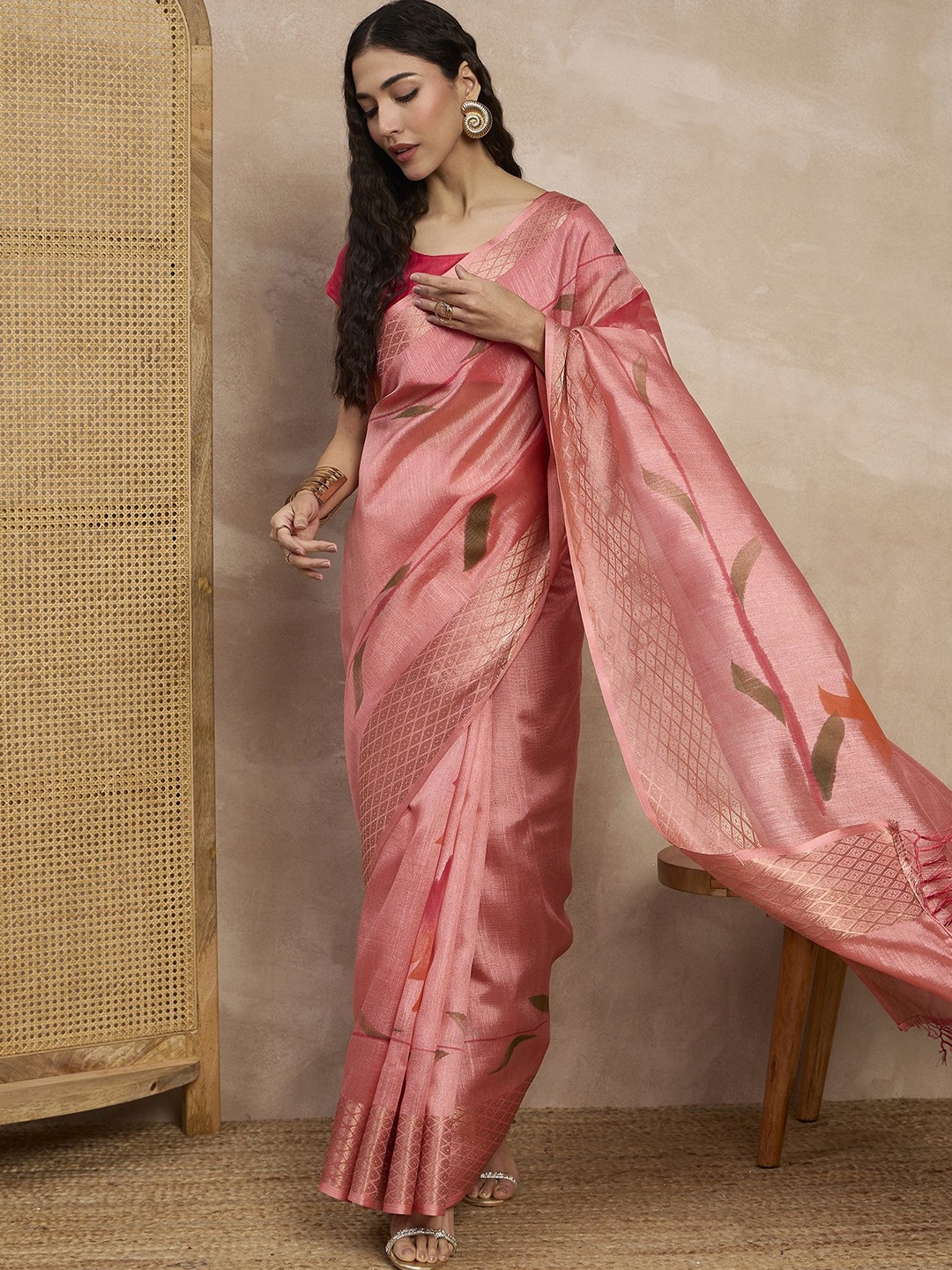 

all about you Floral Zari Block Print Saree, Pink