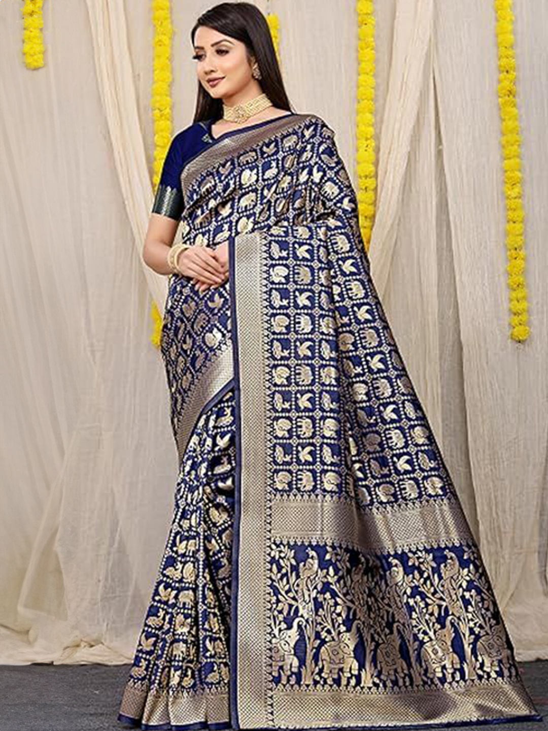 

KALINI Woven Design Zari Pure Silk Kanjeevaram Saree, Navy blue