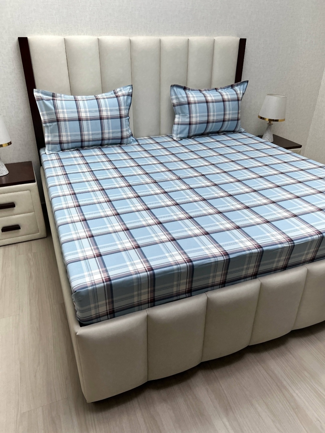 

Pure Decor Velar Blue Checked Cotton 250 TC Super King Size Bedsheet Set 2.74 m x 3.04 m
