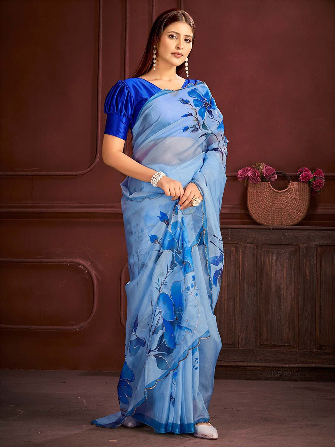 

Anouk Floral Zardozi Organza Saree, Blue