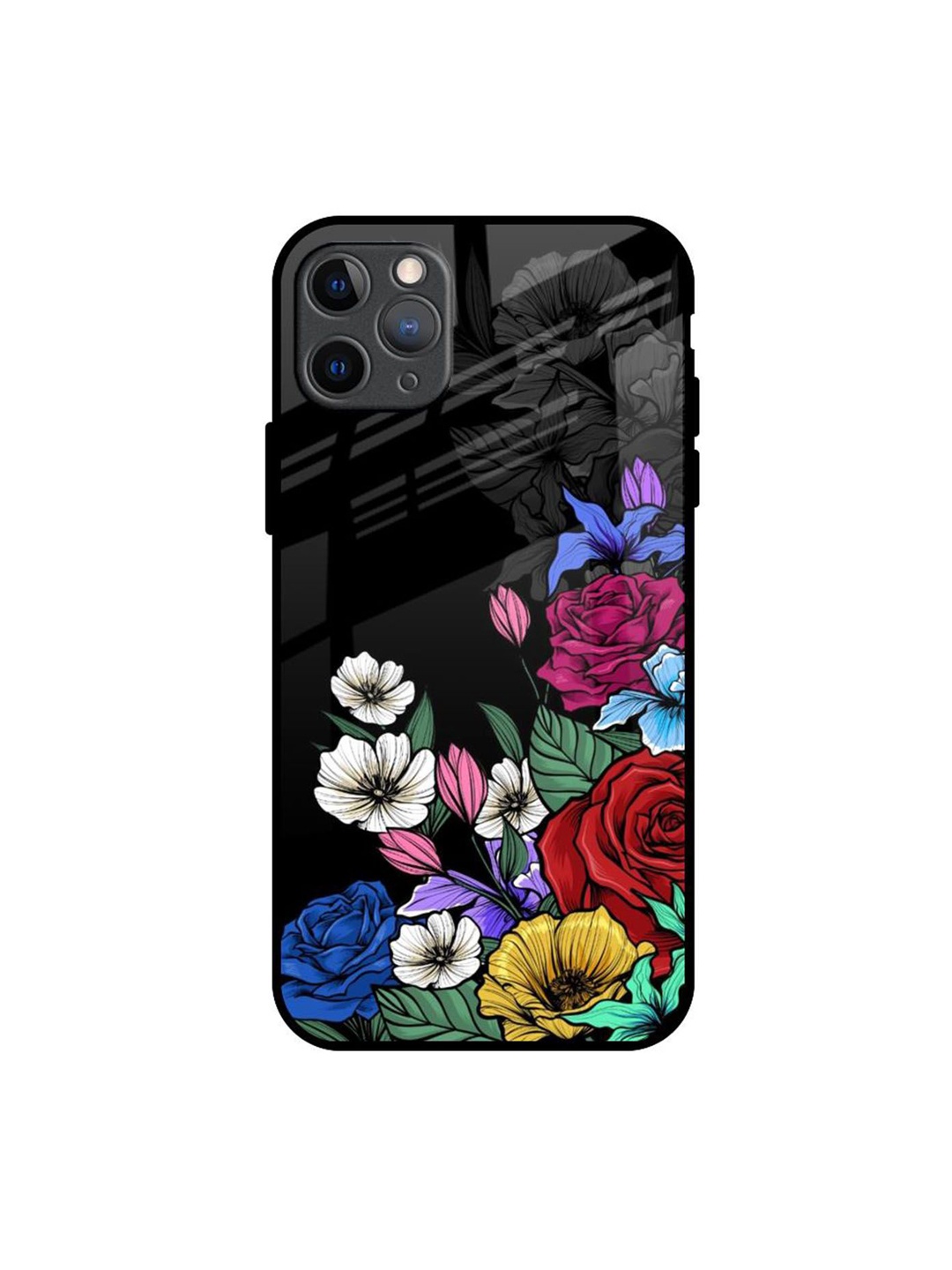 

QRIOH Rose Flower Bunch Art Real Printed iPhone 11 Pro Max Back Case, Black