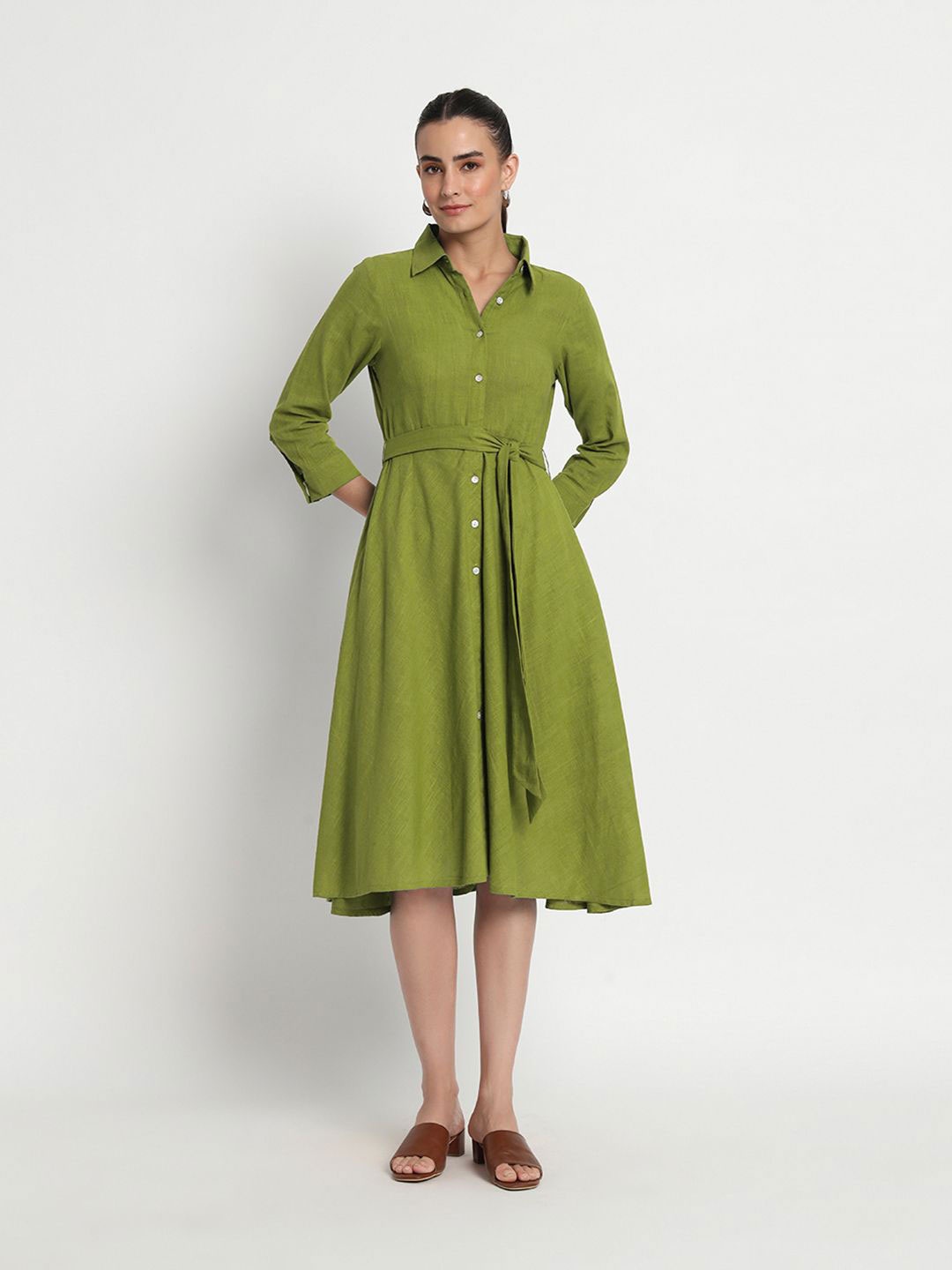 

Thevasa Women Shirt Collar Sagegreen Knots And Knots Dress, Green