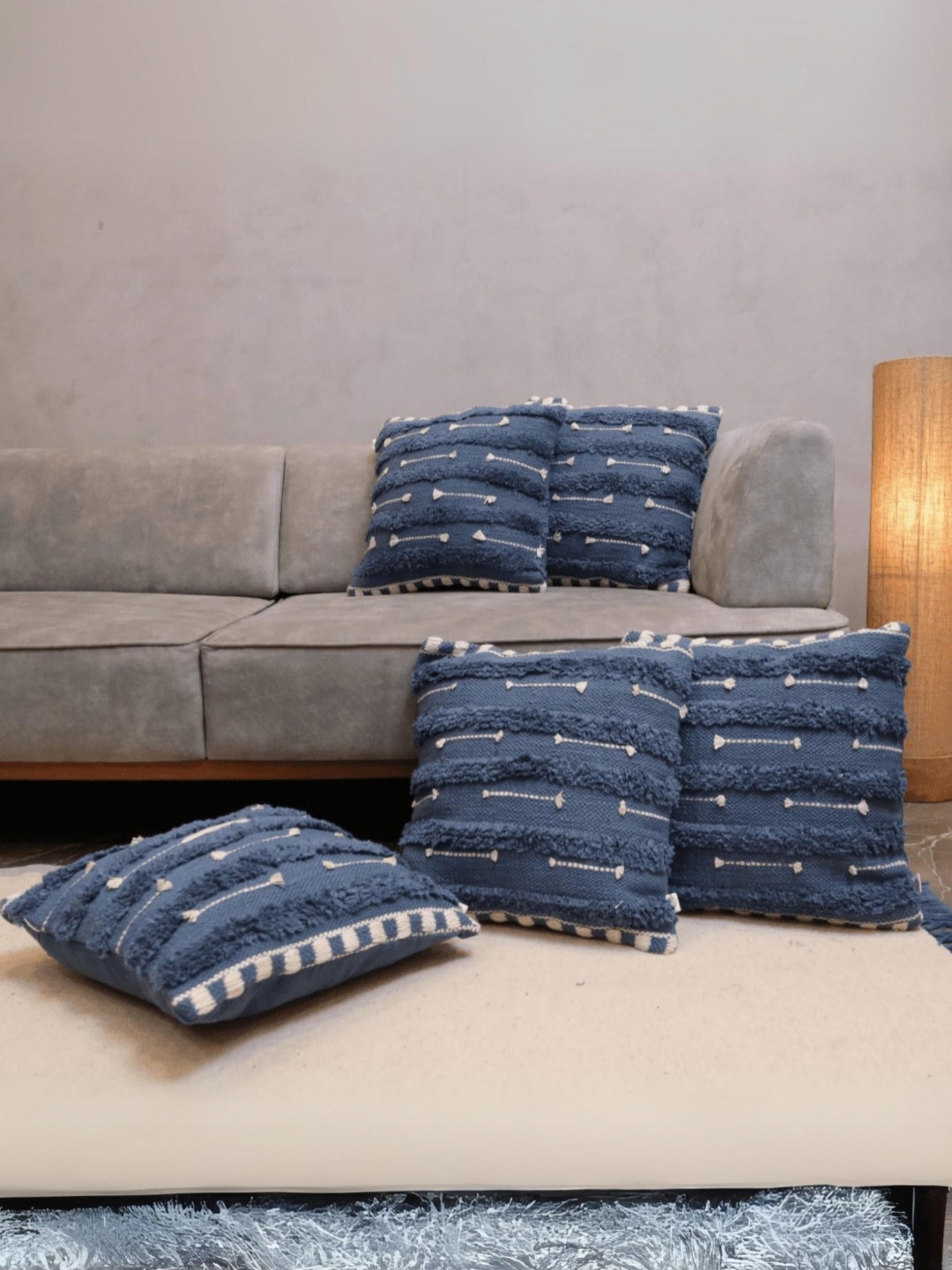 

LUSHLYF Tufted Blue & White 5 pieces Geometric Textured Cotton Square Cushion Covers