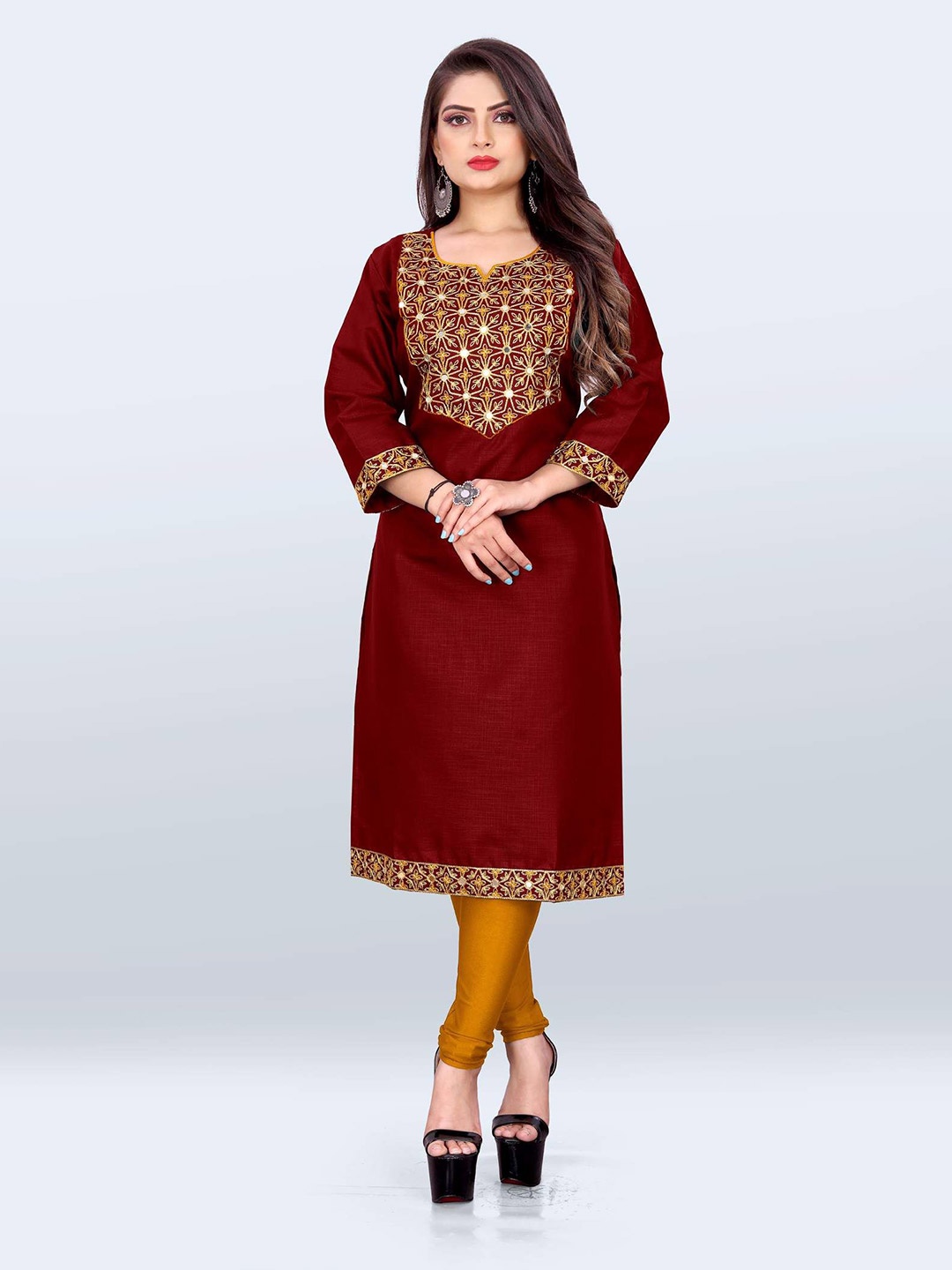 

SHANTUBA TEXTILES Women Floral Embroidery Yoke Design Mirror Work Ready to Wear Kurta, Maroon