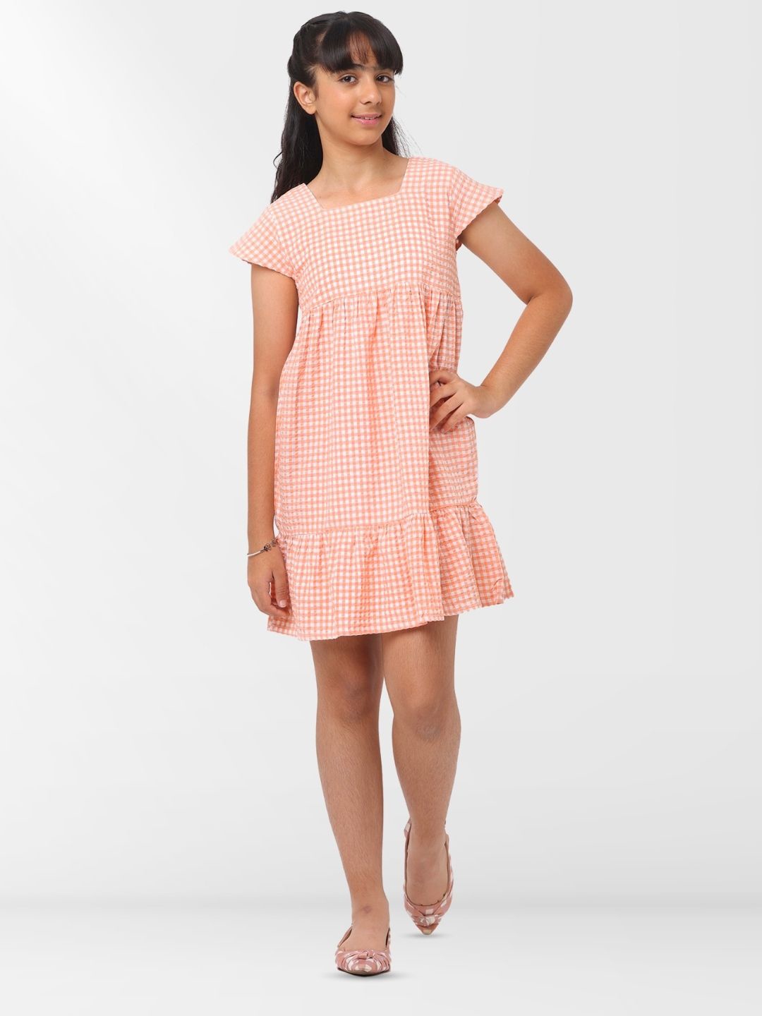 

Nuego Girls Checkered Pattern Pure Cotton A-Line Dress, Orange