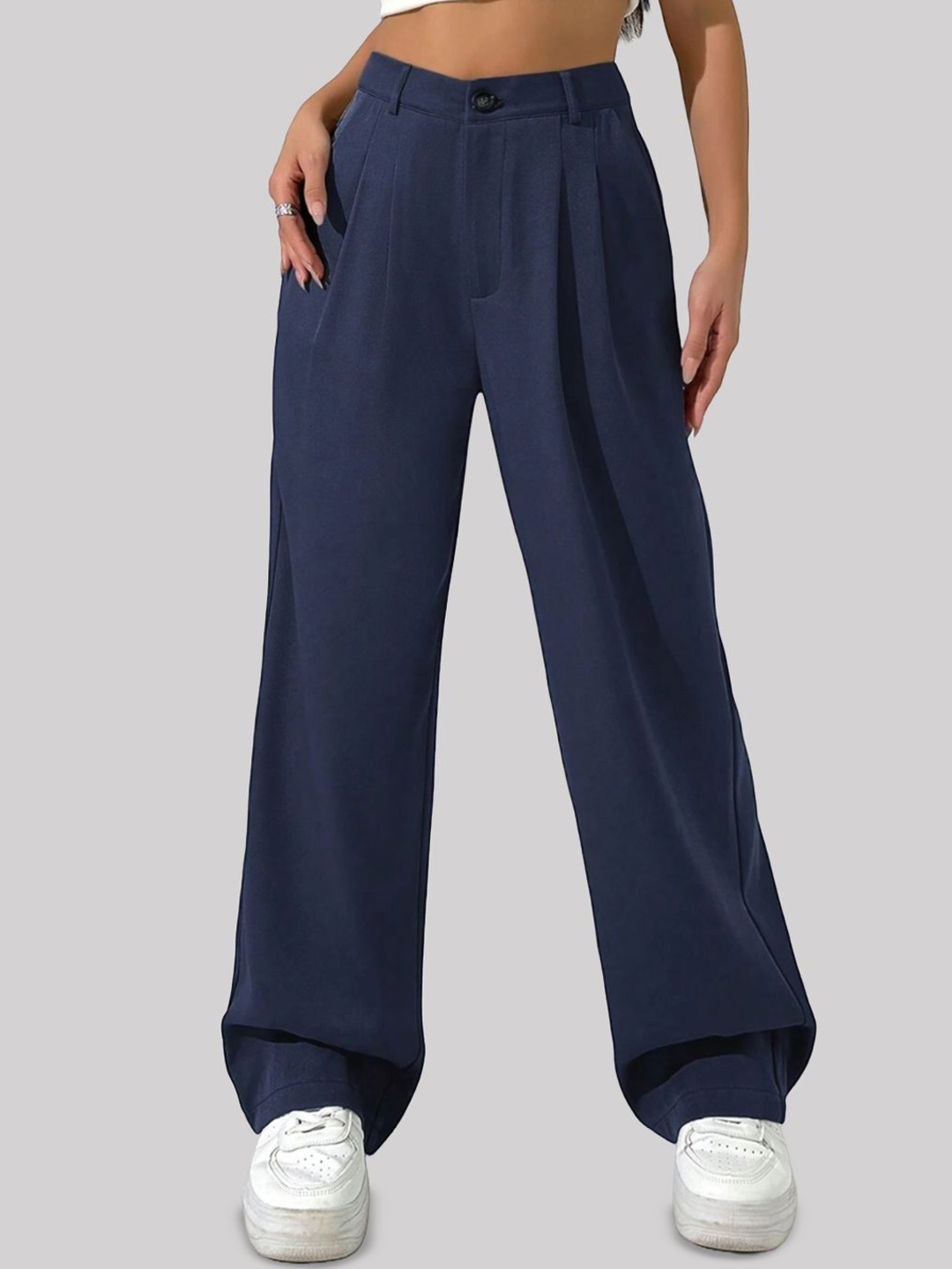 

FNOCKS Women Classic High-Rise Pleated Wide-Leg Organic Cotton Trousers, Navy blue