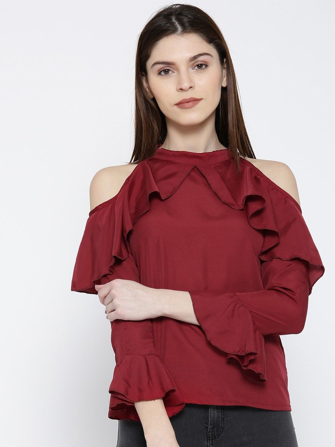 

Moda Rapido Women Cold-Shoulder Ruffles Crepe Top, Maroon