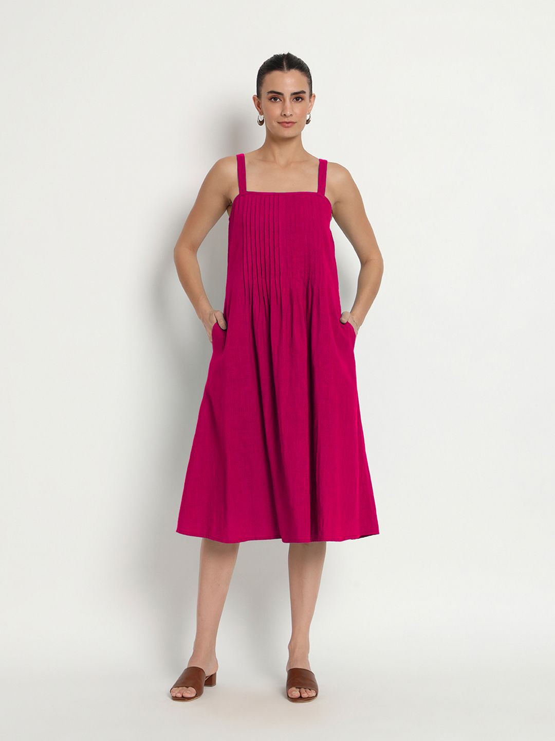 

Thevasa Women Gulabi Dreamy Flare Spaghetti Cotton Dress, Pink