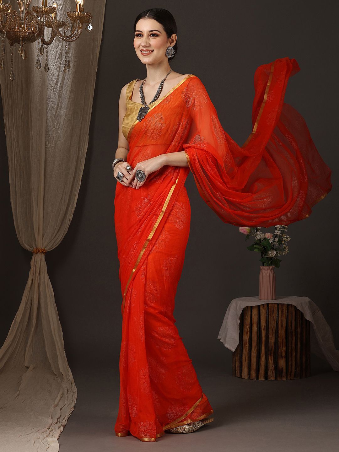 

Mitera Floral Beads and Stones Pure Chiffon Saree, Orange
