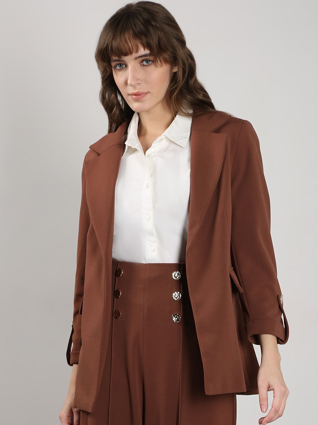 

Vero Moda Notched Lapel Single-Breasted Front-Open Blazers, Brown