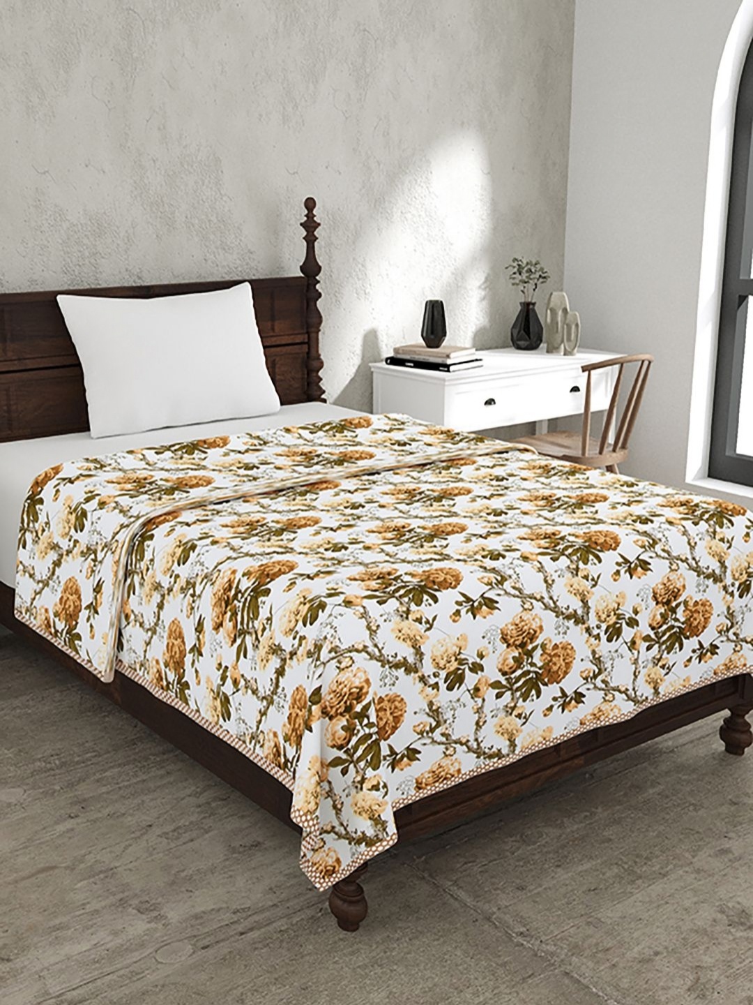 

BELLA CASA Yellow & Brown Floral Printed Cotton 110 GSM AC Room Single Bed Dohar