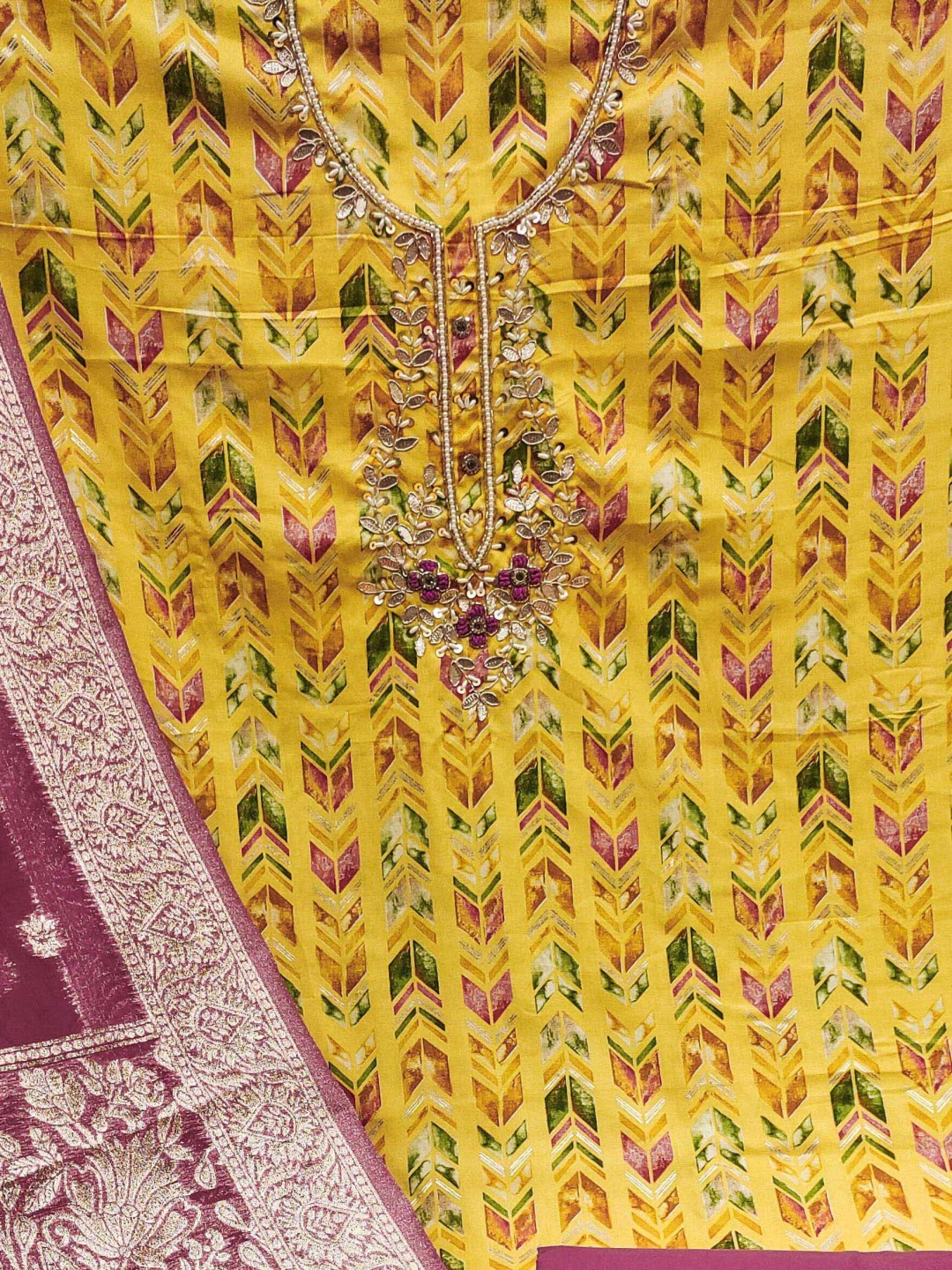 

SAINOOR Geometric Printed Beads and Stones Unstitched Dress Material, Yellow
