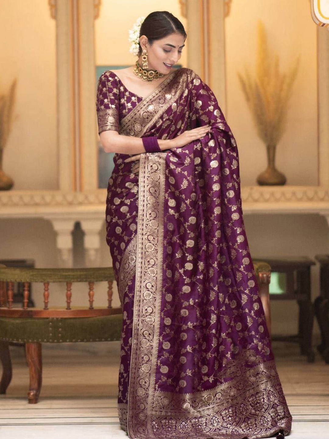 

A TO Z CART Woven Design Zari Pure Silk Banarasi Saree, Purple