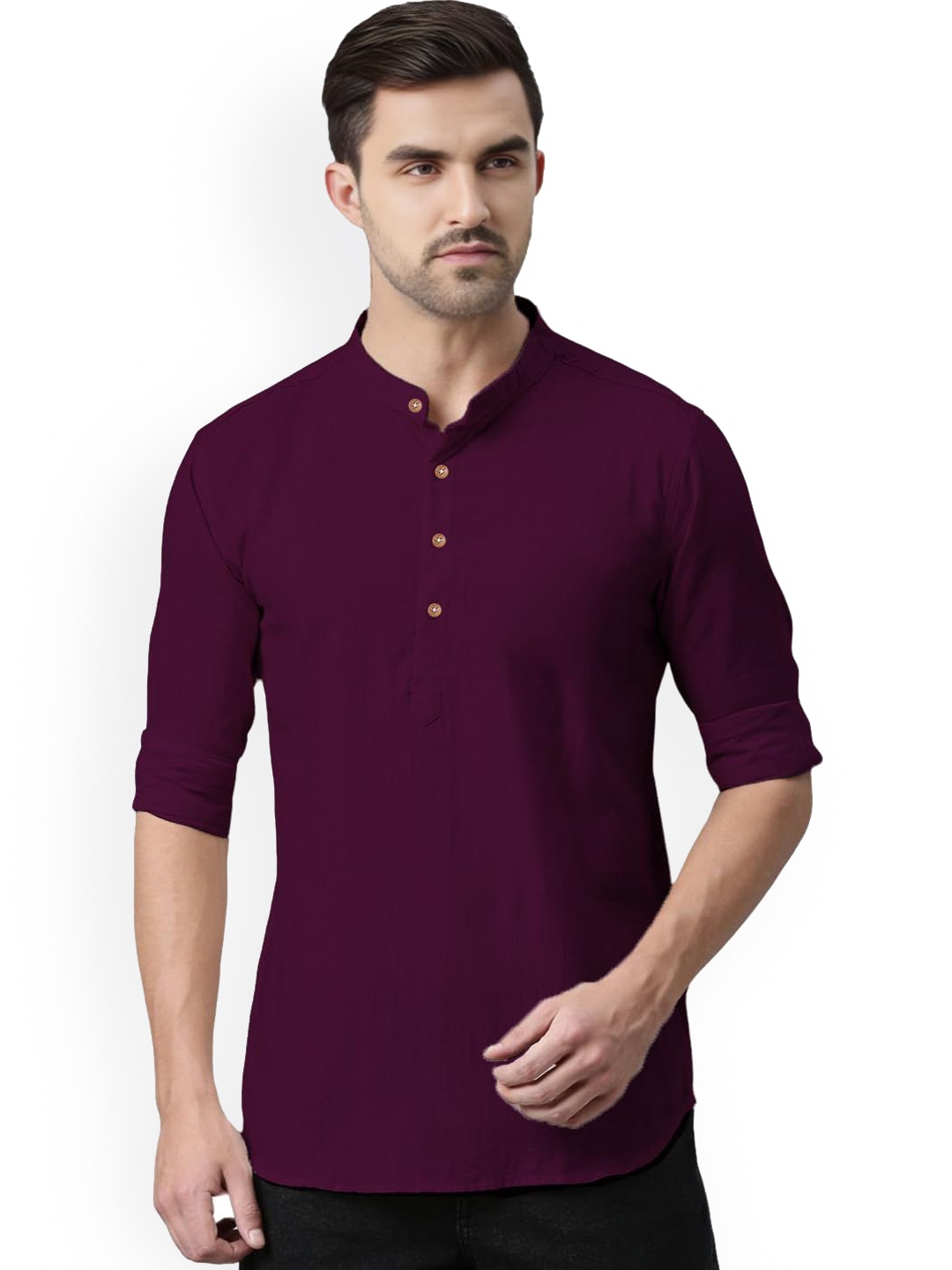 

Vida Loca Band Collar Rolled-Up Sleeves Pure Cotton Slim Fit Straight Short Kurta, Purple