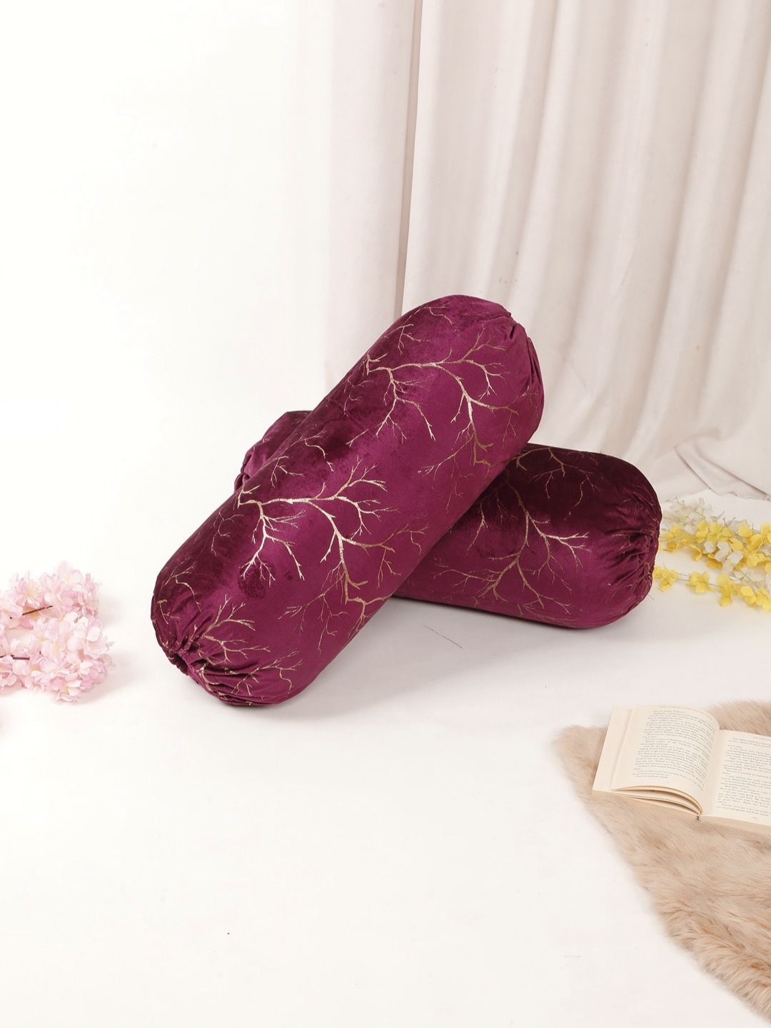

THE CONVERSION Magenta 2 Pieces Self Design Printed Velvet Foil Work Bolster Covers