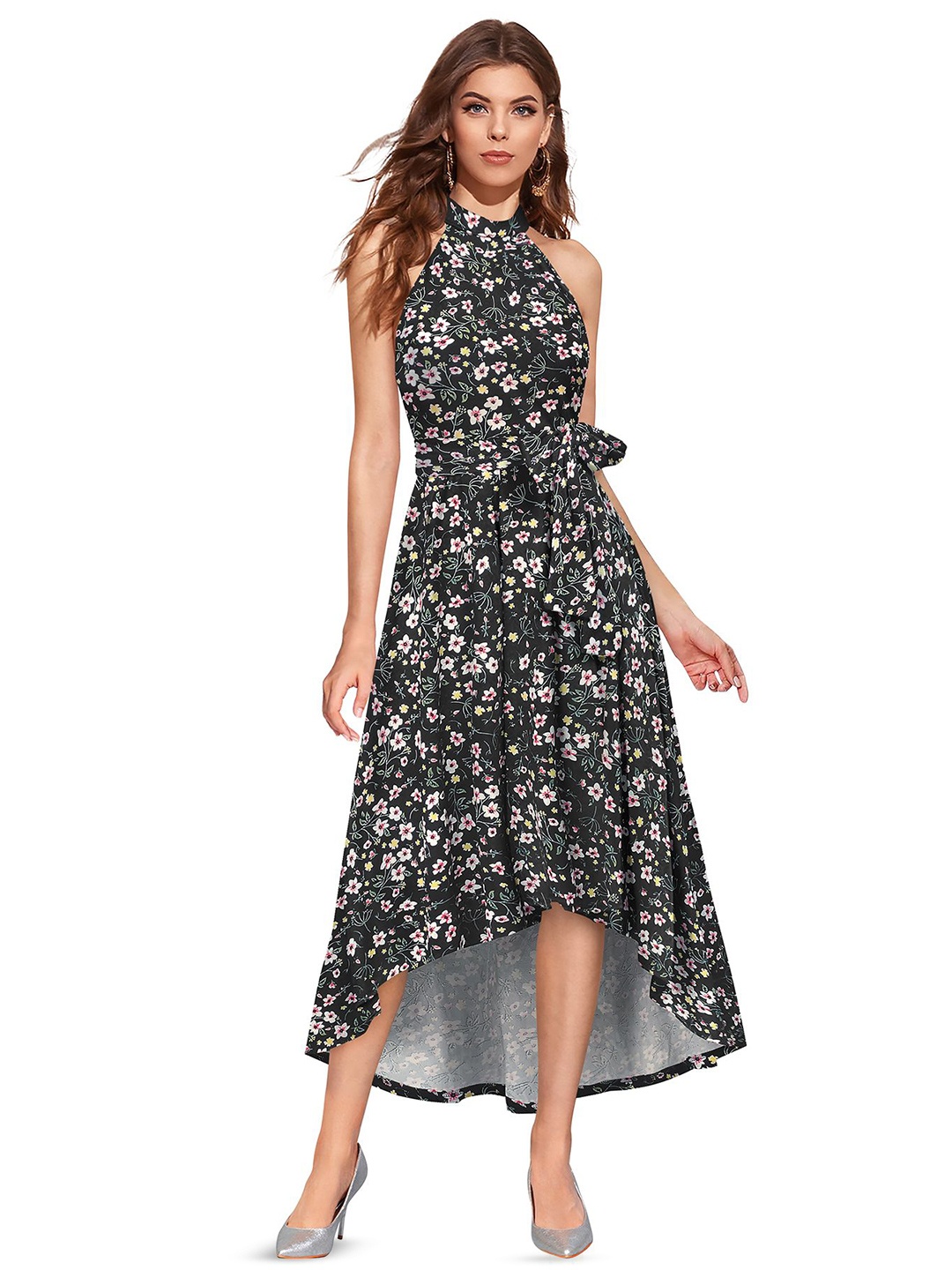 

S.K.C Floral Printed Halter Neck Maxi Dress, Black