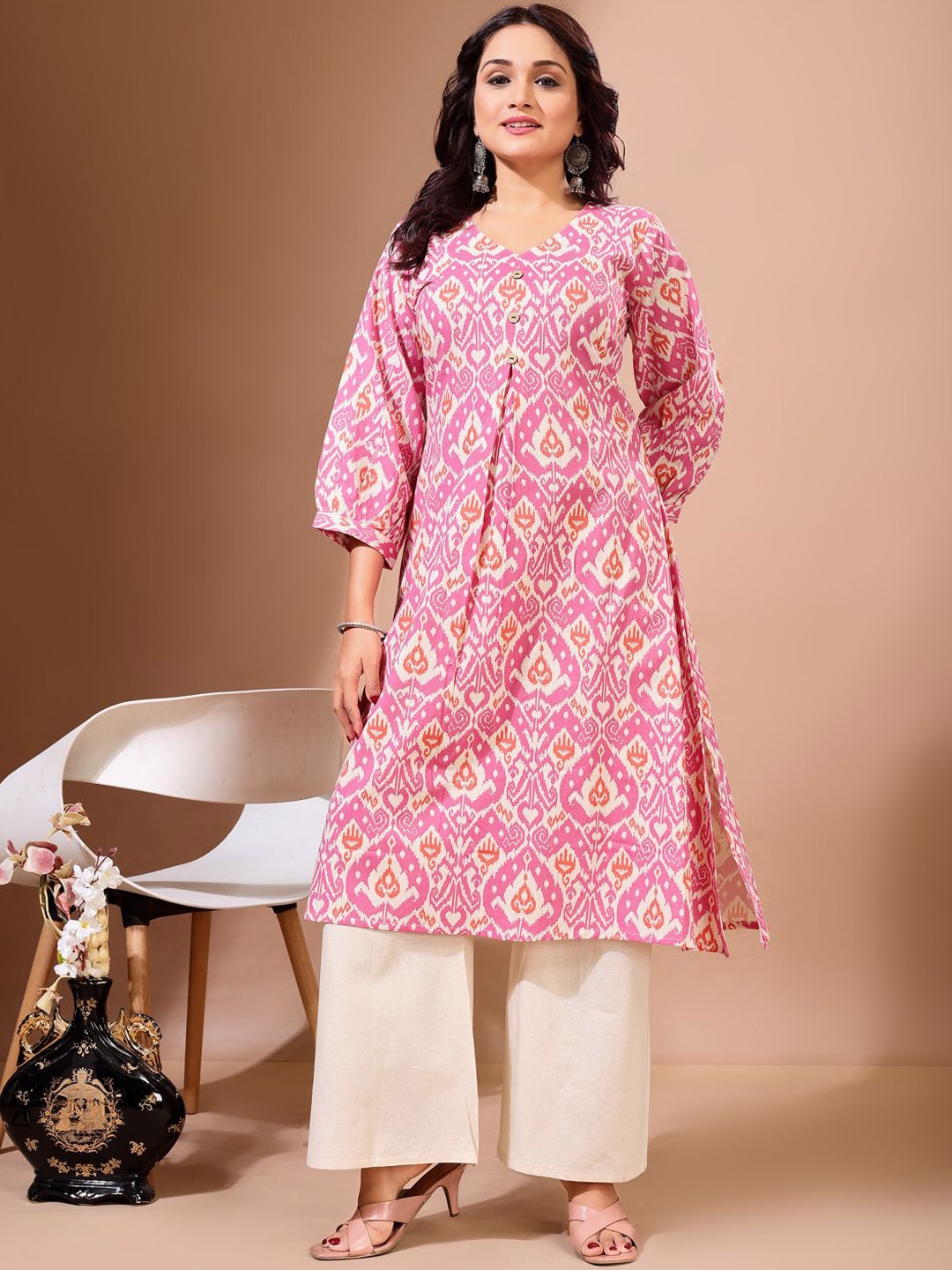 

KALINI Floral Printed Pure Cotton A-Line Kurta With Palazzos, Pink
