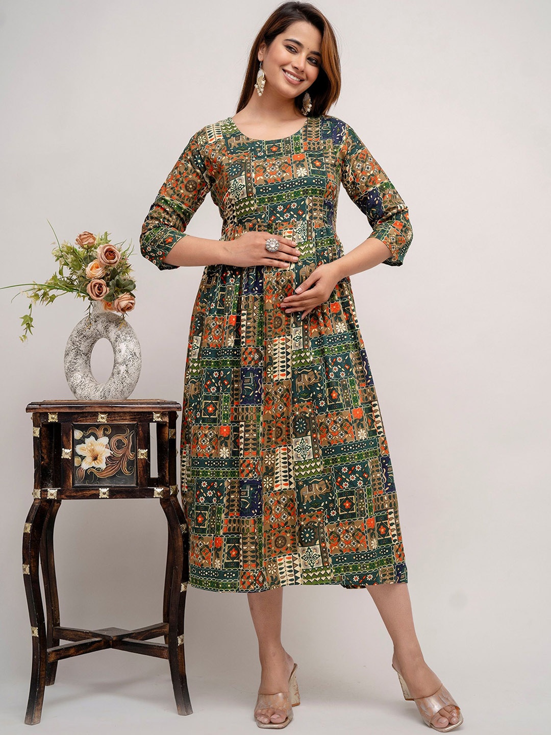 

Mialo fashion Printed Maternity Feeding Fit & Flared Ethnic Dresses, Fluorescent green